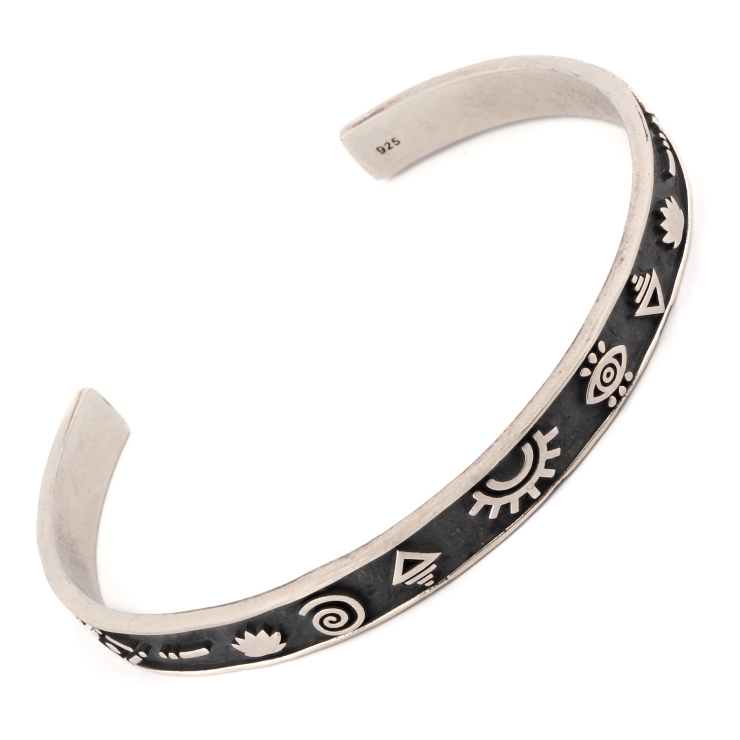 Spiritual symbols cuff bracelet in 925 sterling silver, adjustable size