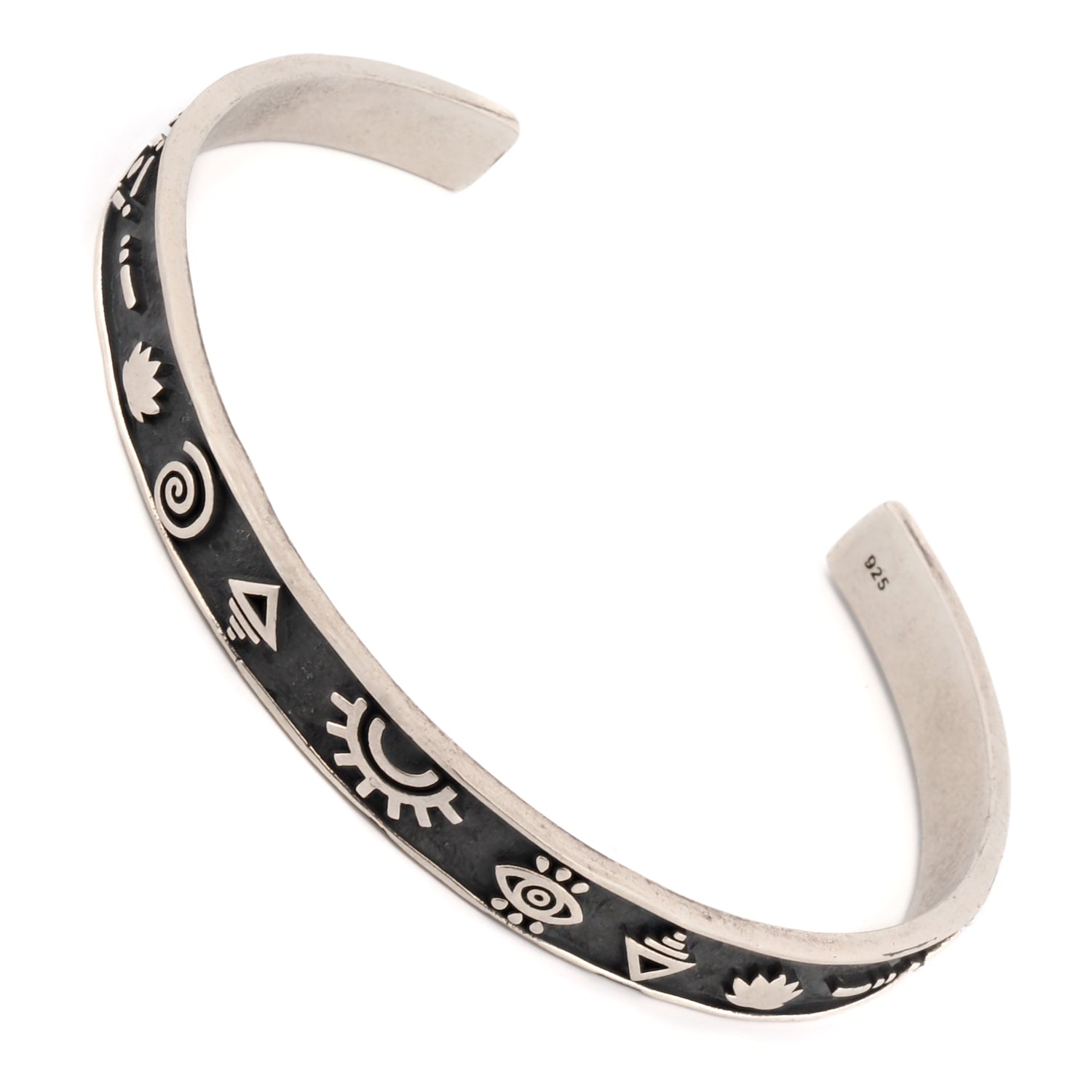 Adjustable sterling silver cuff bracelet with various spiritual symbols