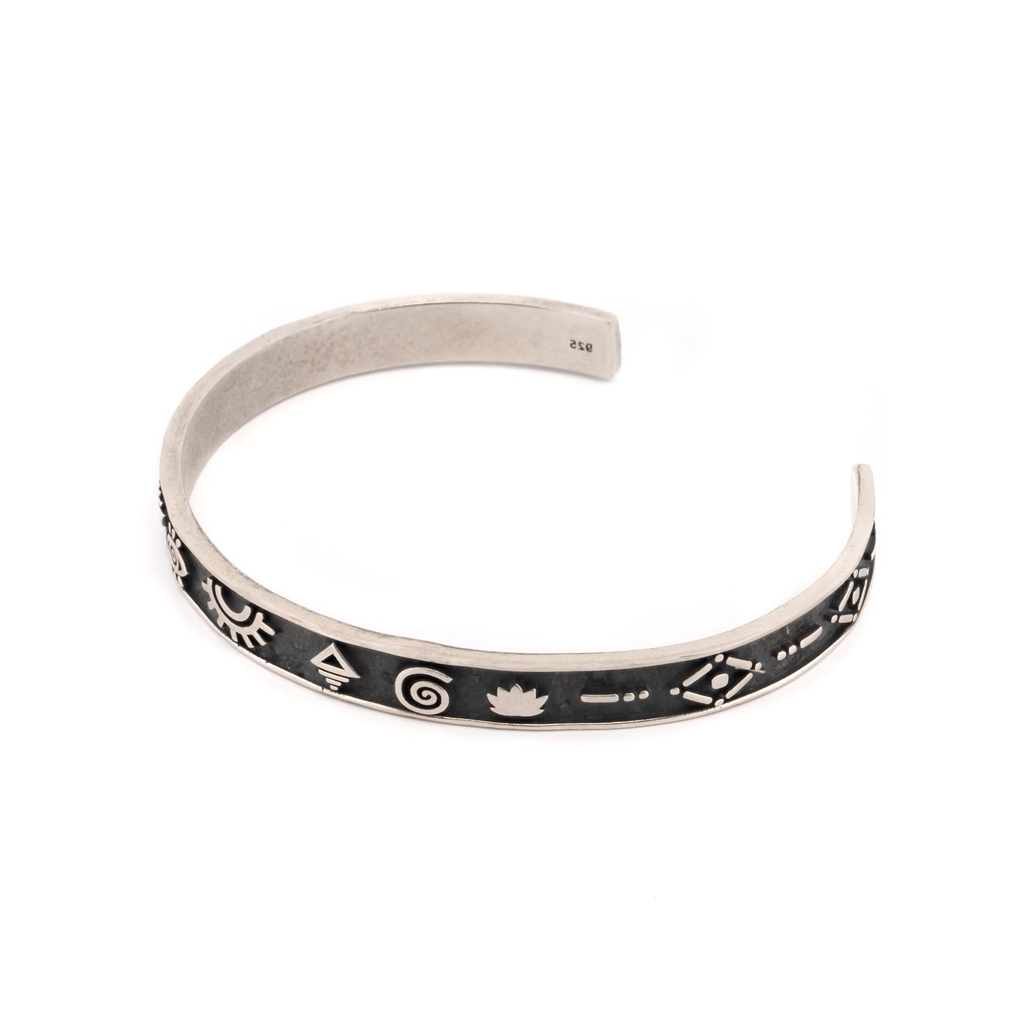Unisex spiritual symbol cuff bracelet in high-quality sterling silver