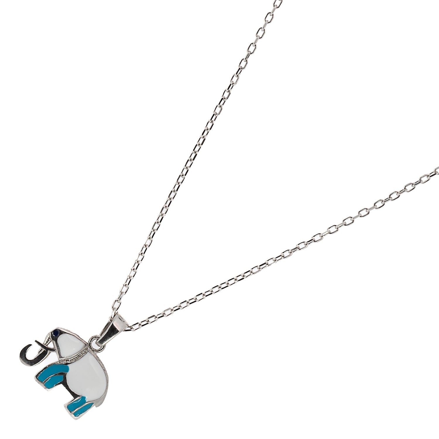 A top-down view of the Sterling Silver Turquoise Elephant Necklace, highlighting its white and turquoise enamel details.
