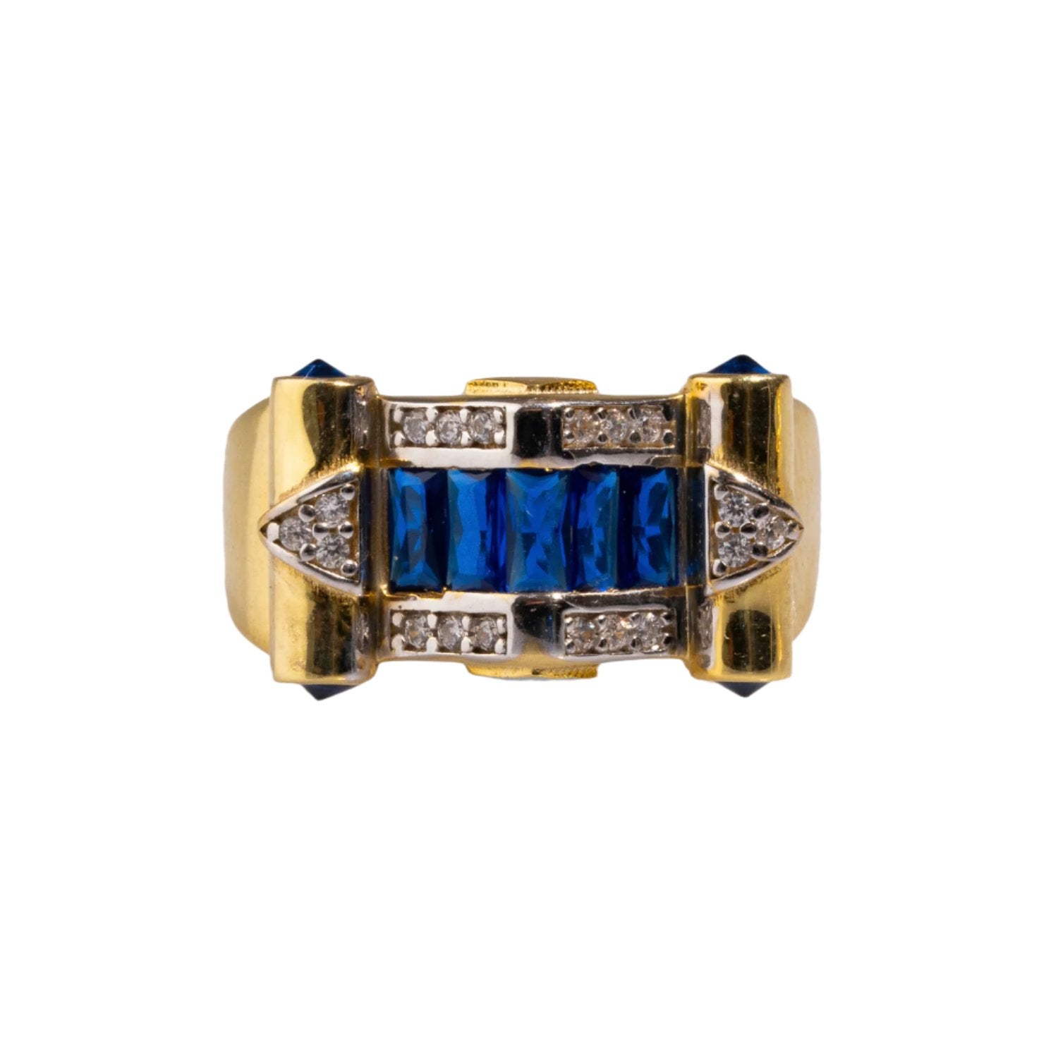 Gold statement ring with a sapphire center stone and CZ diamonds