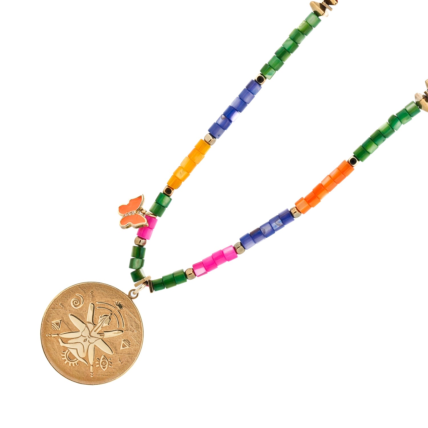 Multicolor pearl and gold hematite necklace with gold pendant and enamel butterfly charm