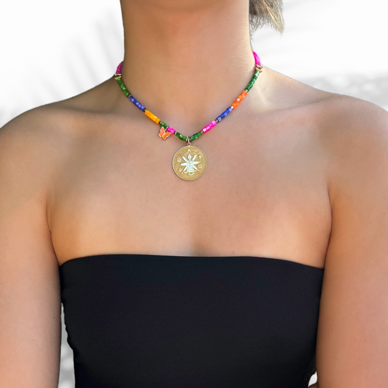 Multicolor pearl beads with gold hematite spacers, gold symbol pendant necklace