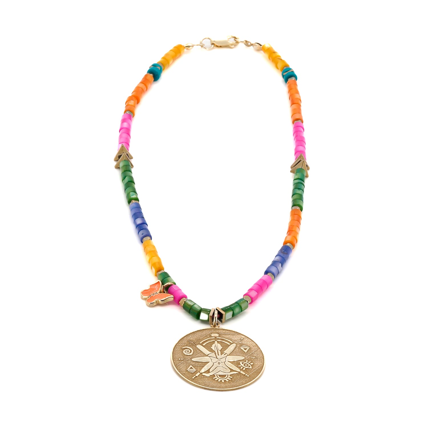 Handmade necklace with spiritual gold pendant, colorful pearl beads, and evil eye charm