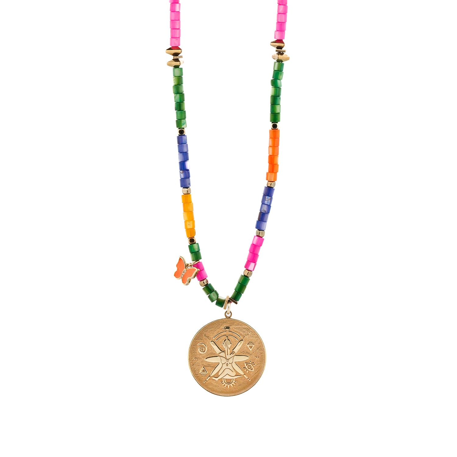 Spiritual gold symbol necklace with multicolor pearl stones and gold hematite spacers