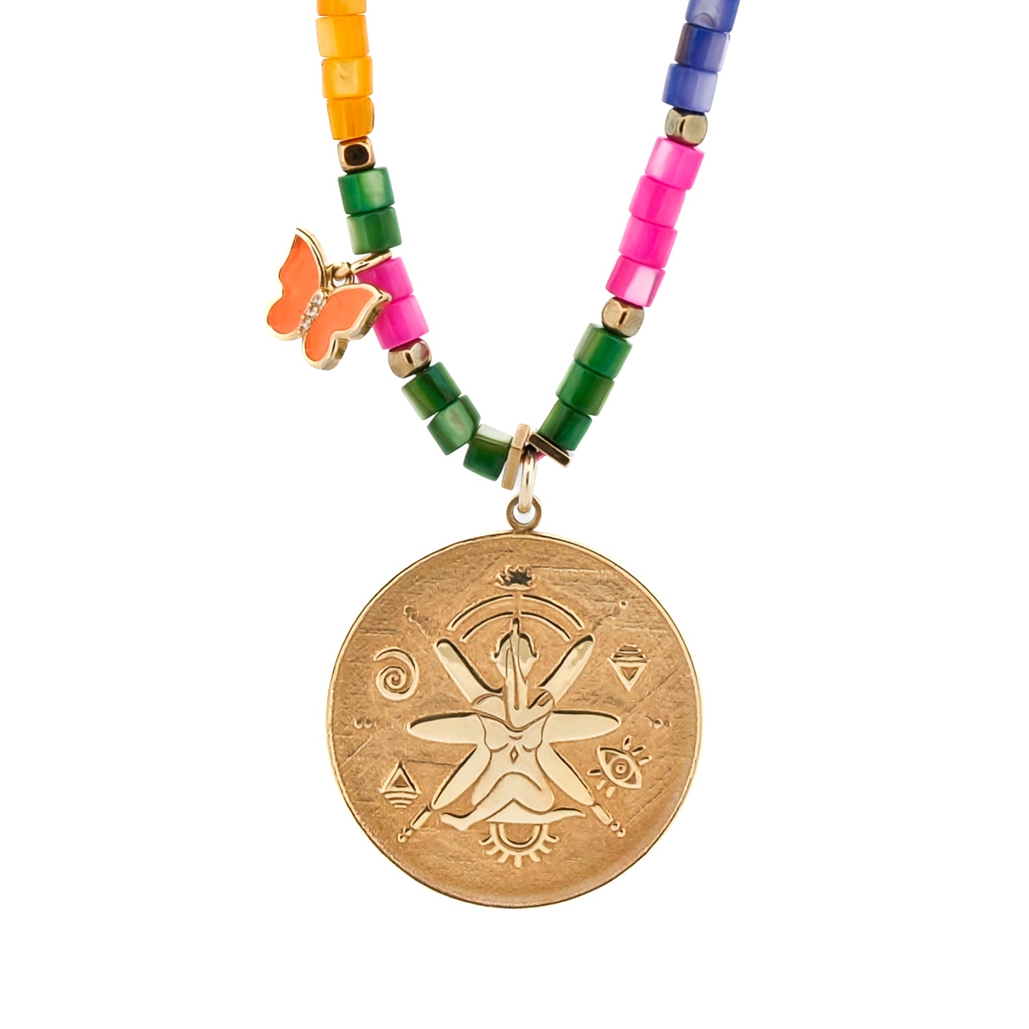18k gold-plated sterling silver pendant necklace with meditative woman, evil eye, and spiral symbols