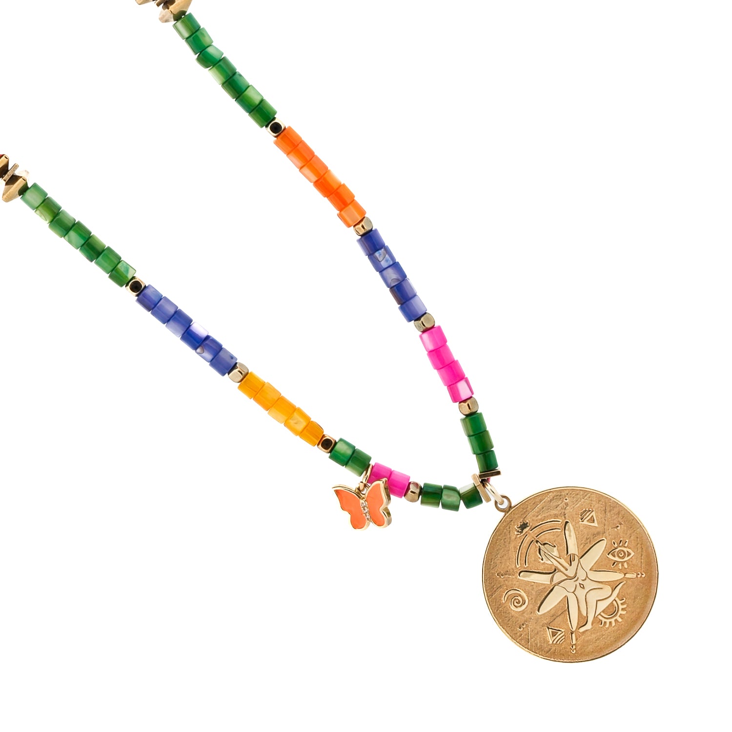 Handmade beaded necklace featuring 18k gold-plated pendant with meditation and protection symbols