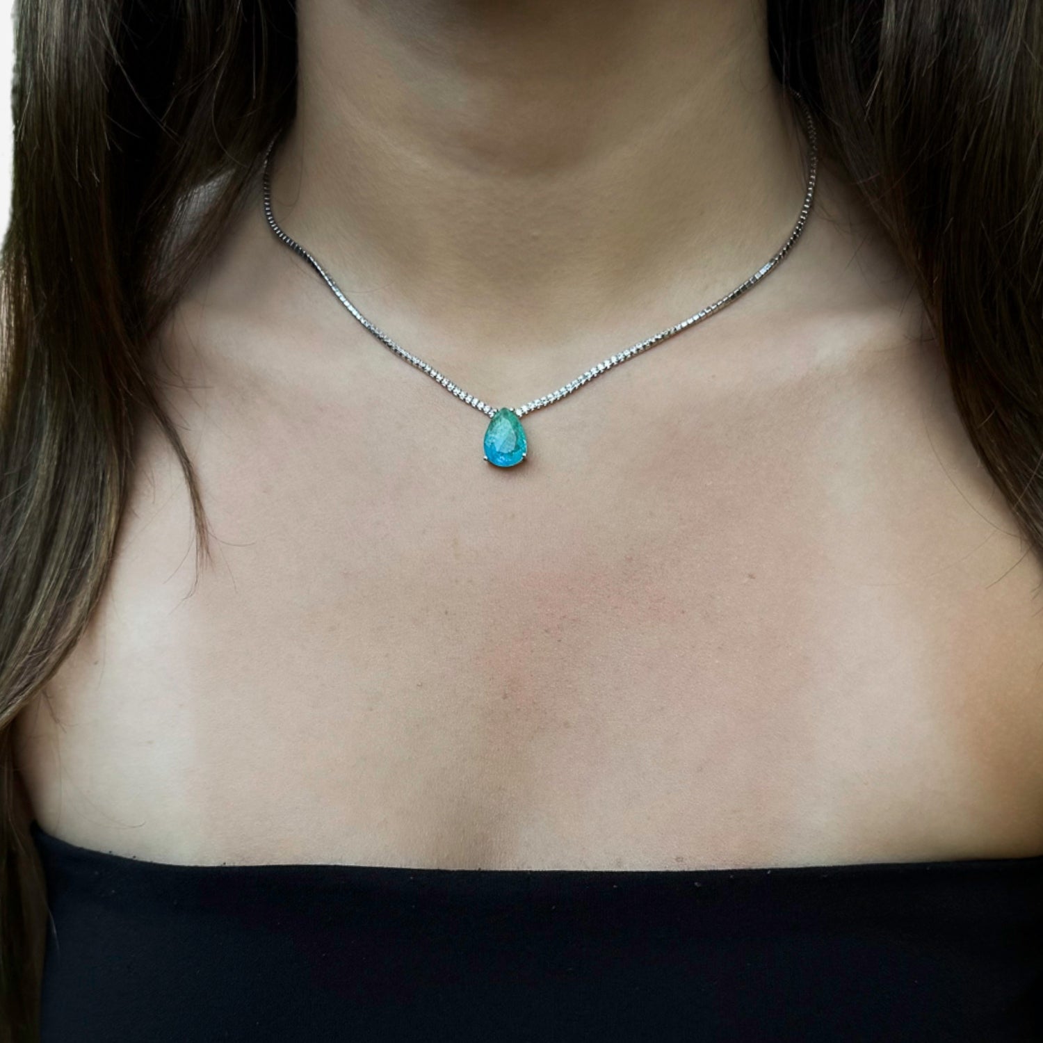 Model Wearing Gemstone Elegance: Paraiba Tourmaline Diamond Chain Necklace