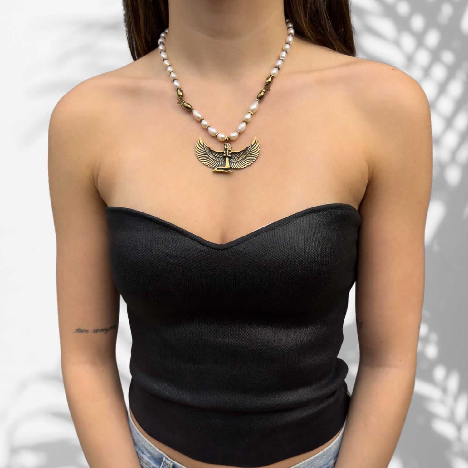 Teardrop Pearl Magical Goddess Isis Pendant Necklace with Gold Hematite Beads