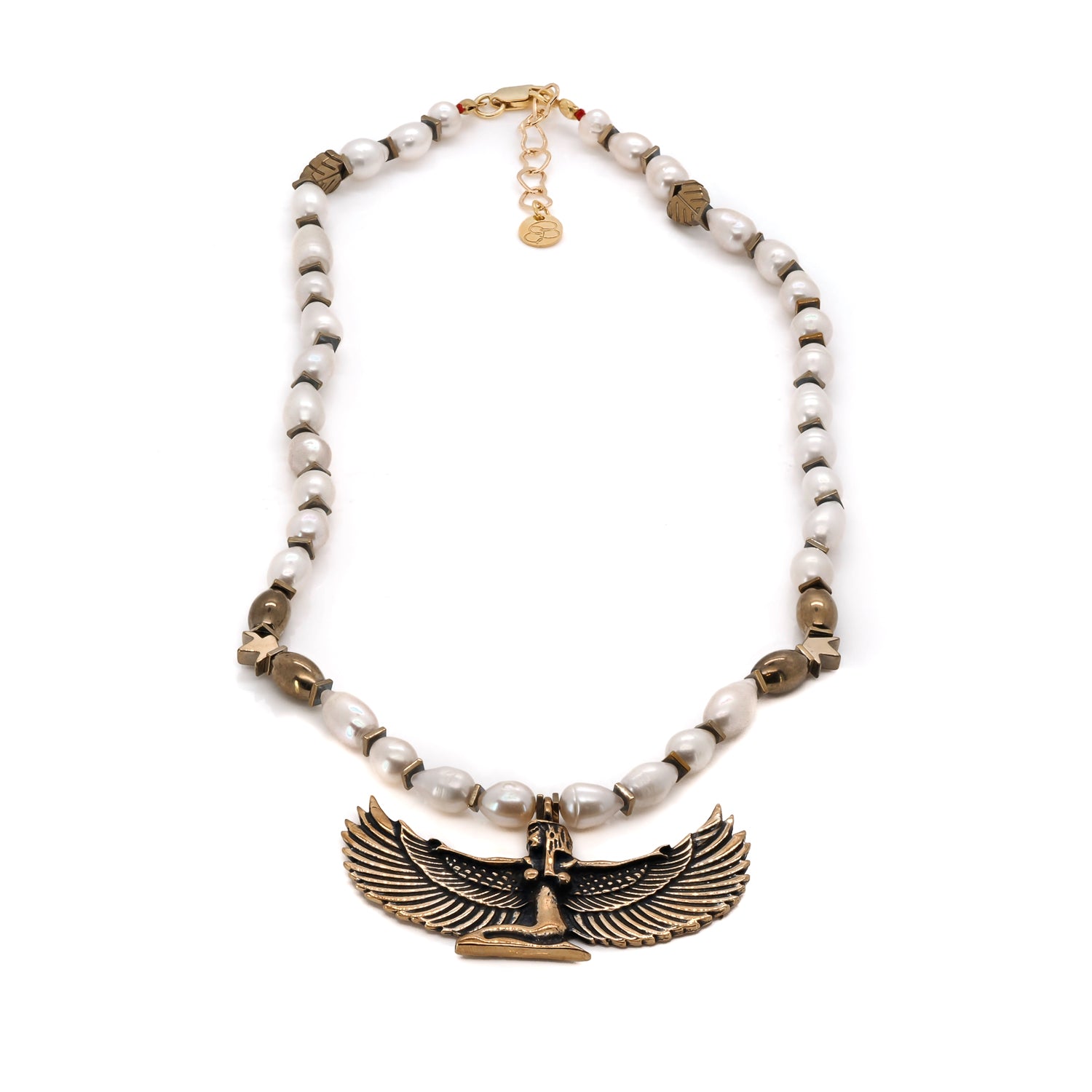 Teardrop Pearl Necklace with Gold Hematite and Goddess Isis Pendant