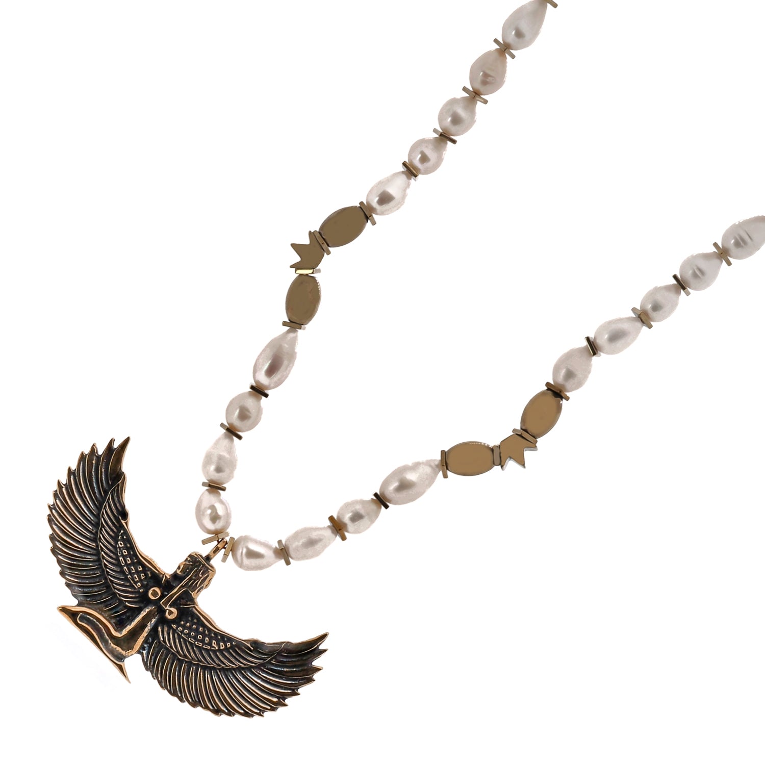 Handmade Teardrop Pearl Necklace with Goddess Isis Pendant and Hematite Beads