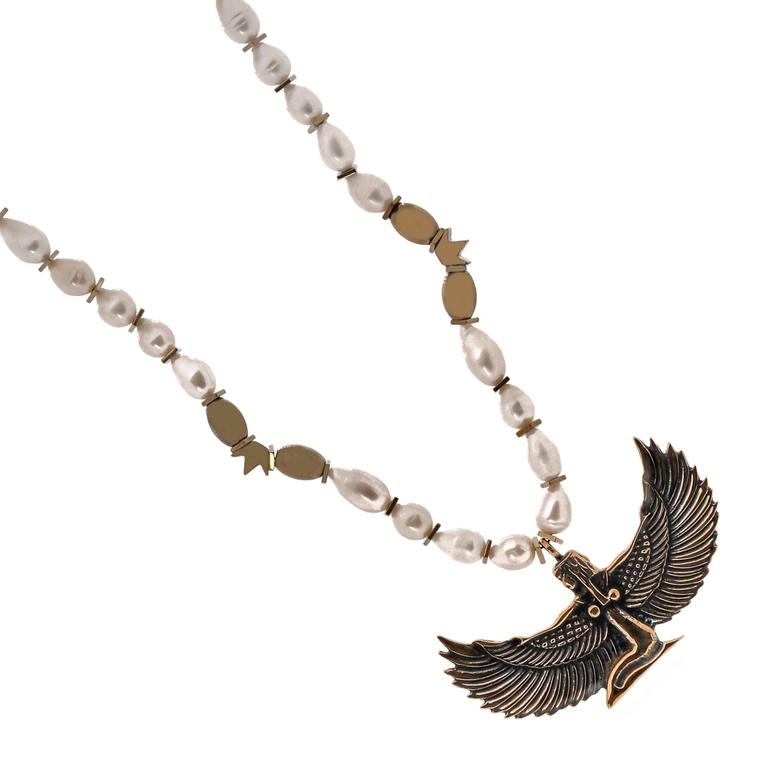 Elegant Teardrop Pearl Necklace with Goddess Isis Pendant and Gold Hematite Beads