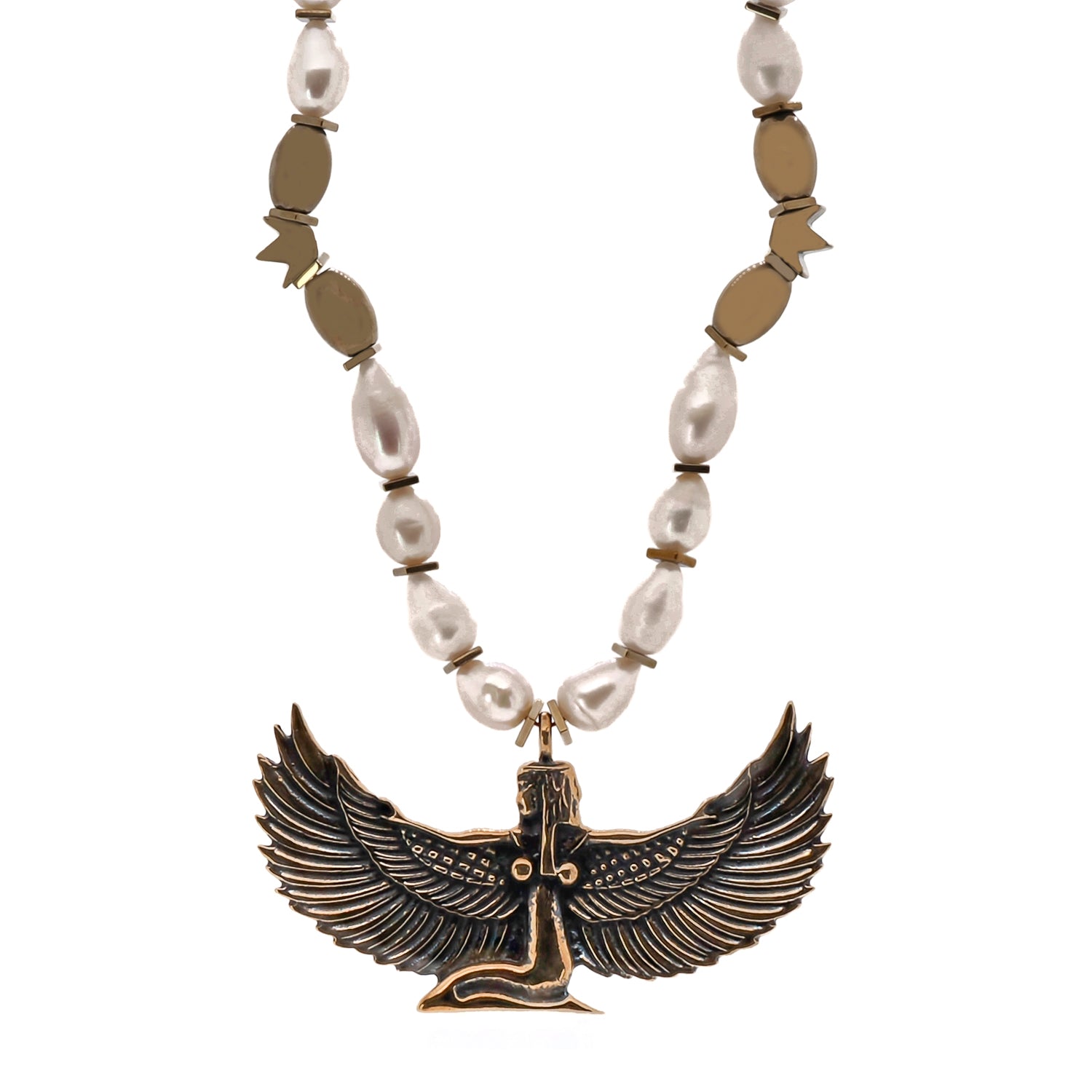 Teardrop Pearl Magical Goddess Isis Pendant Beaded Necklace with Gold Hematite Beads
