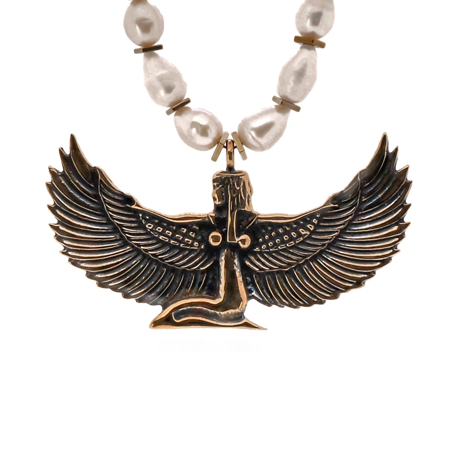 Pearl Beaded Necklace with Gold Hematite Beads and Goddess Isis Pendant