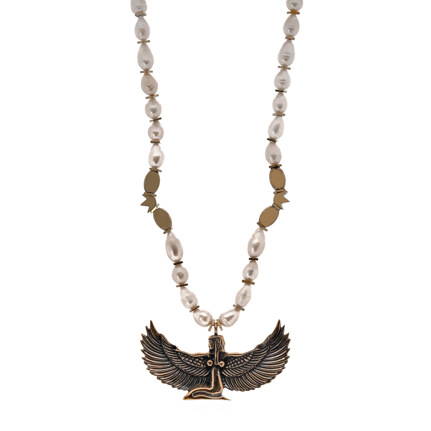 Teardrop Pearl Beaded Necklace with Goddess Isis Pendant and Gold Hematite Beads