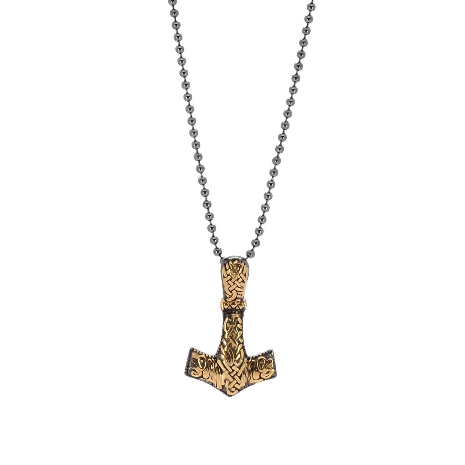 Bold men's necklace with Norse-inspired Mjölnir pendant in sterling silver and gold finish.