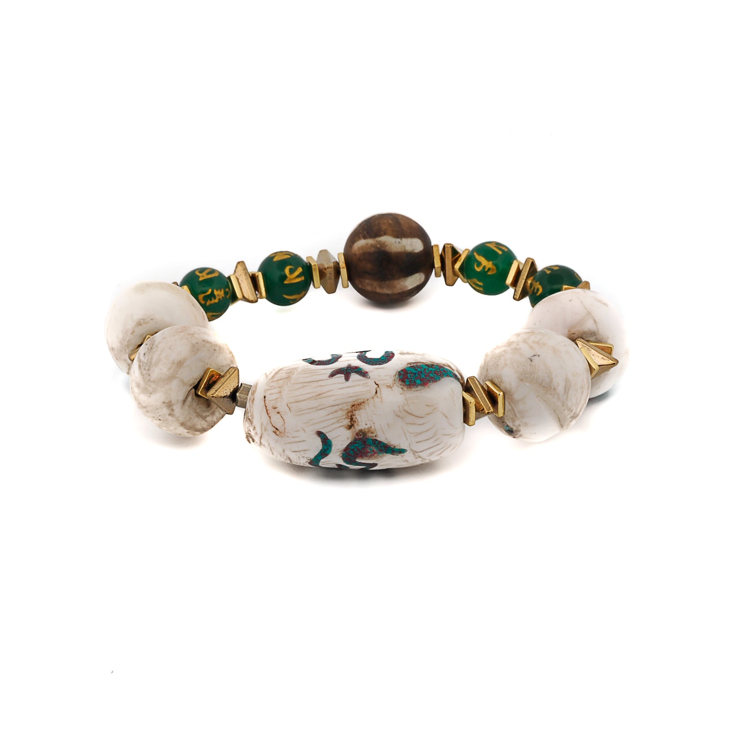 Green Om Mani Padme Hum mantra beads bracelet with white Tibetan beads