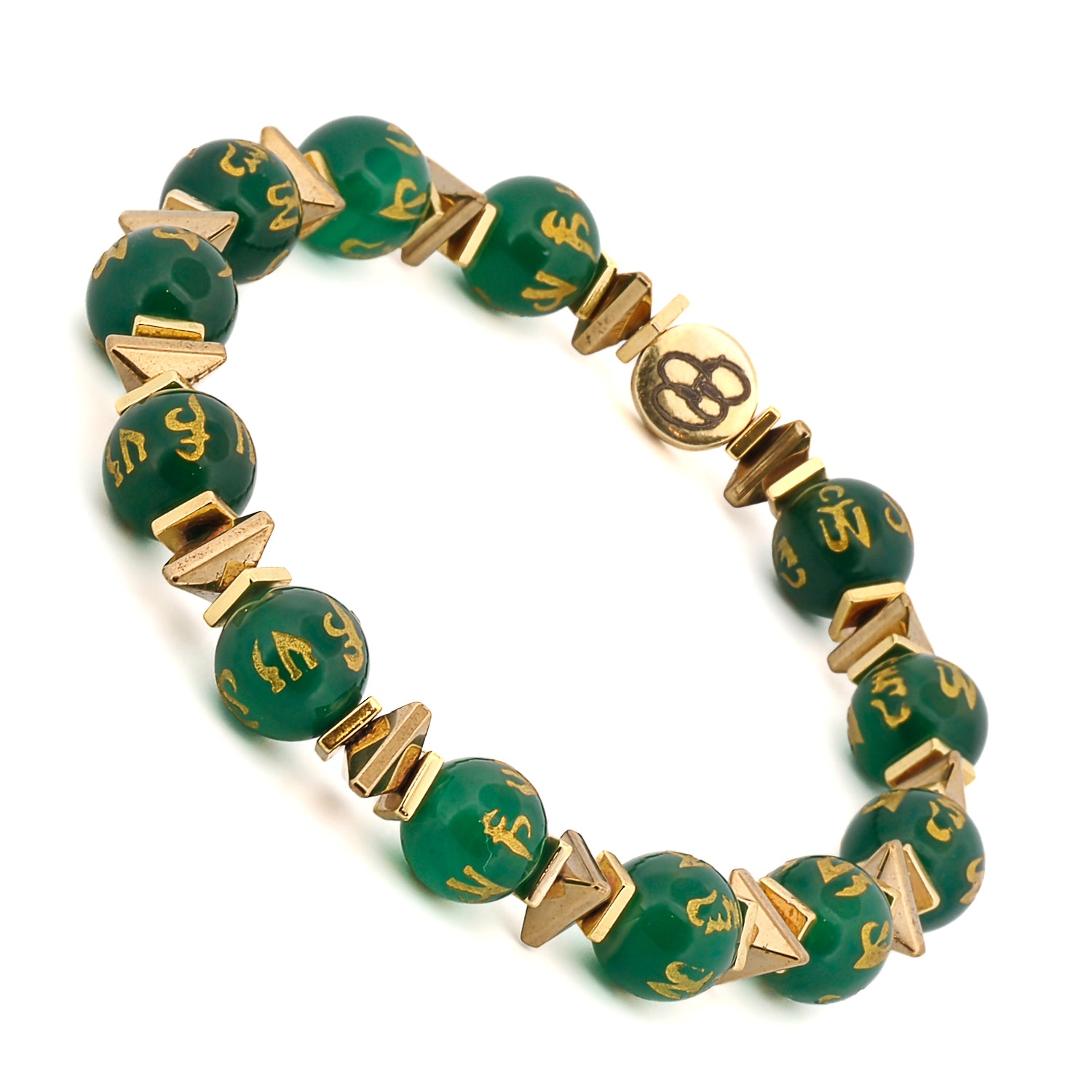 Adjustable green mantra meditation bracelet set with white Tibetan beads