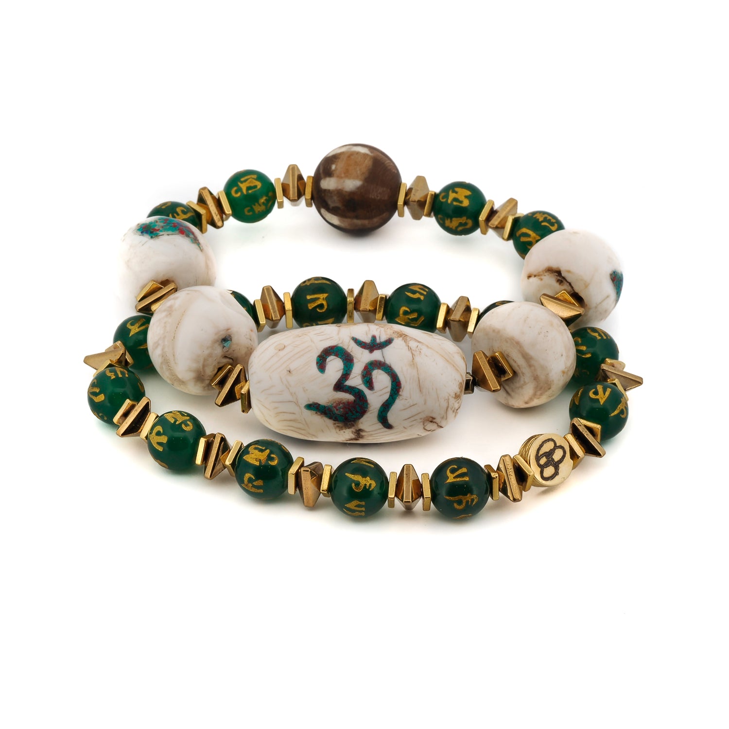 Tibetan green mantra yoga meditation beaded bracelet set with Om Mani Padme Hum beads