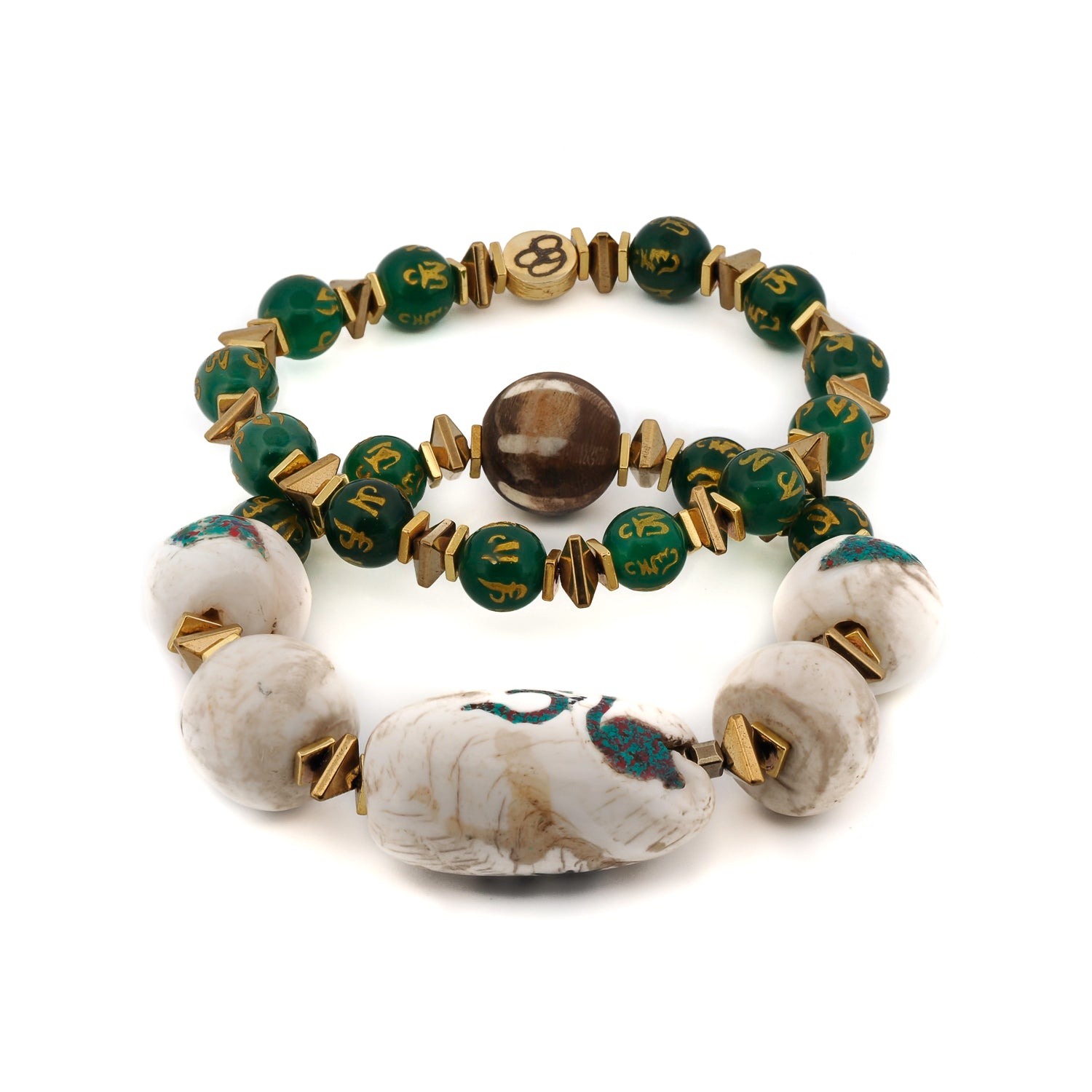 Unique green and white Tibetan meditation bracelet set with gold accents