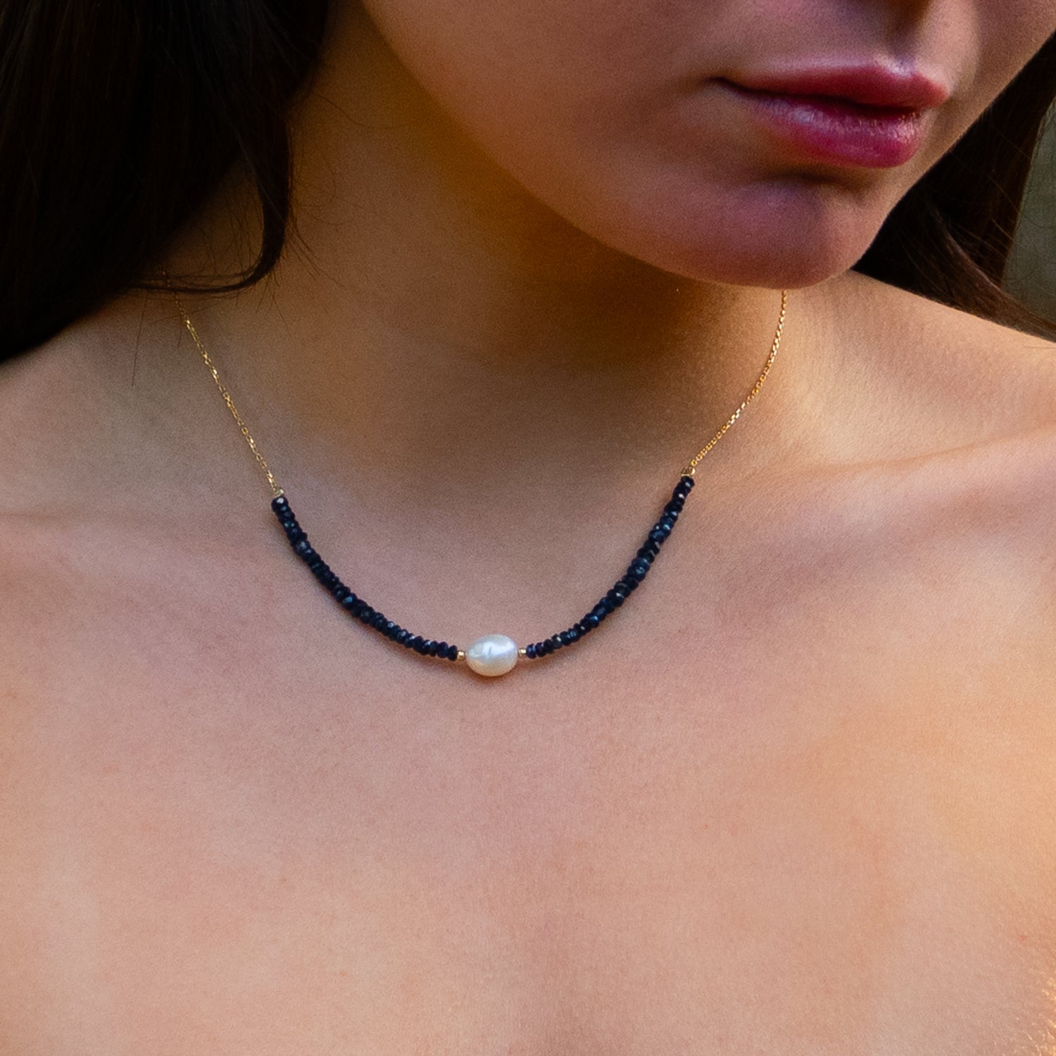 Gold Necklace with Sapphire Stones and Pearl Gemstone for a Timeless, Elegant Look