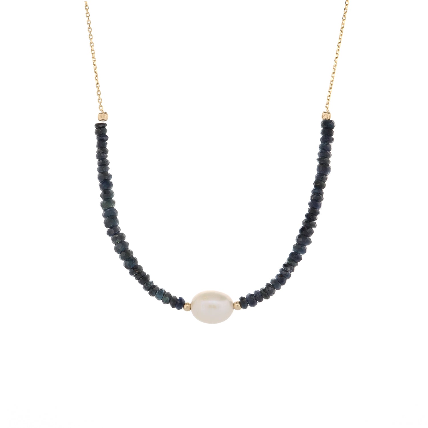14K Yellow Gold Choker Necklace with Sapphire Gemstones and Pearl for Elegant Sophistication