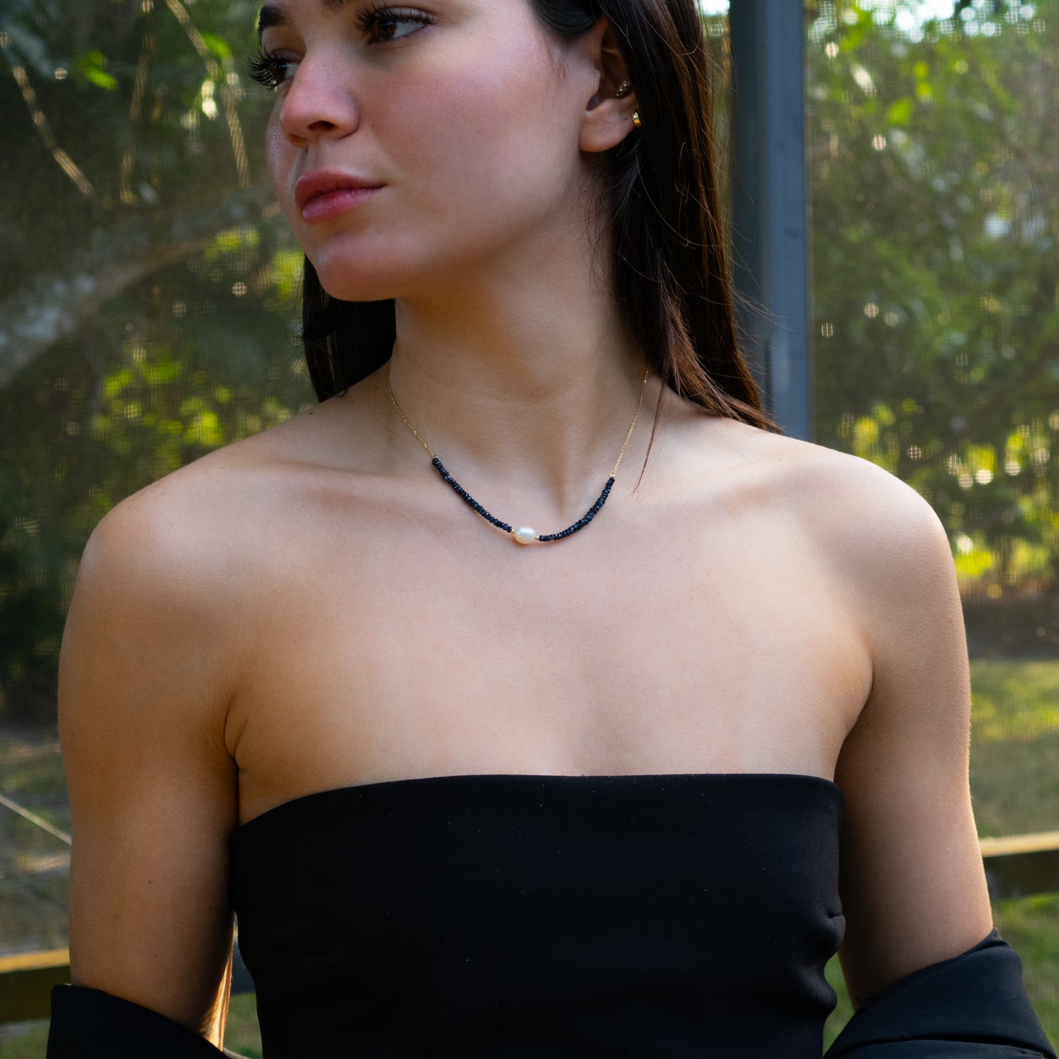 Timeless 14K Gold Choker Necklace with Sapphire Gemstones and Pearl for a Unique, Elegant Style