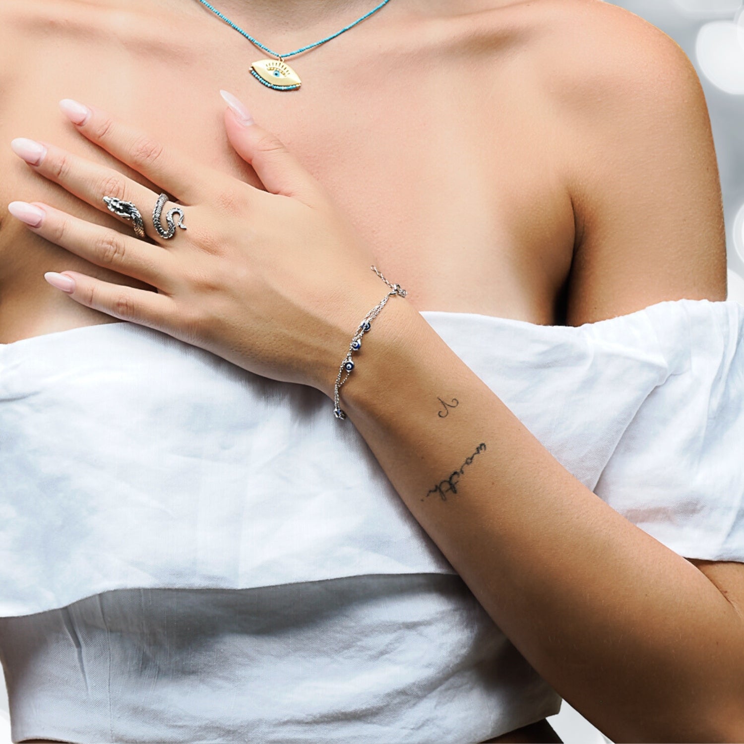 Delicate protection: Model showcases Evil Eye Bracelet.