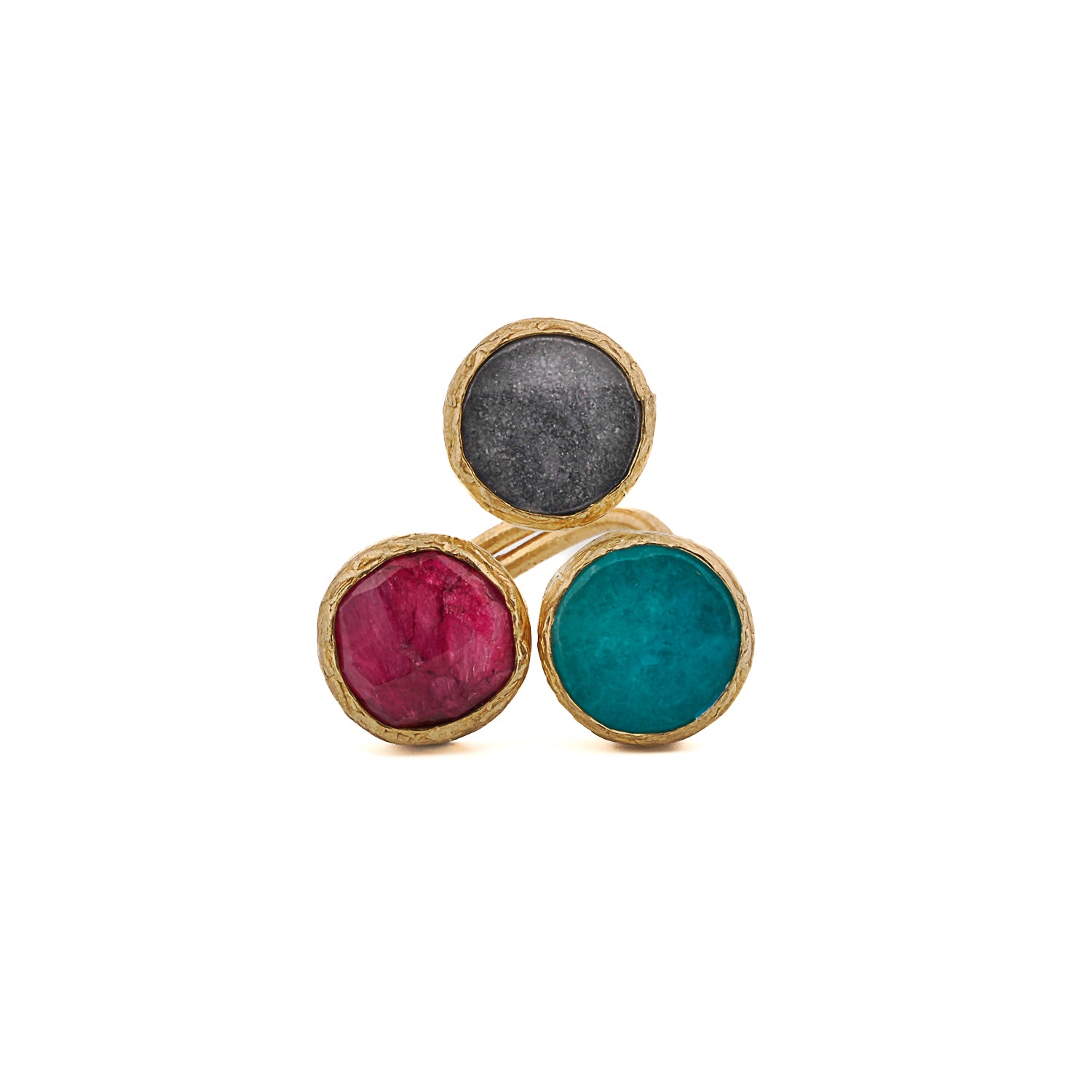 Triple Gemstone Adjustable Artemis Ring with pink, purple, and green agate