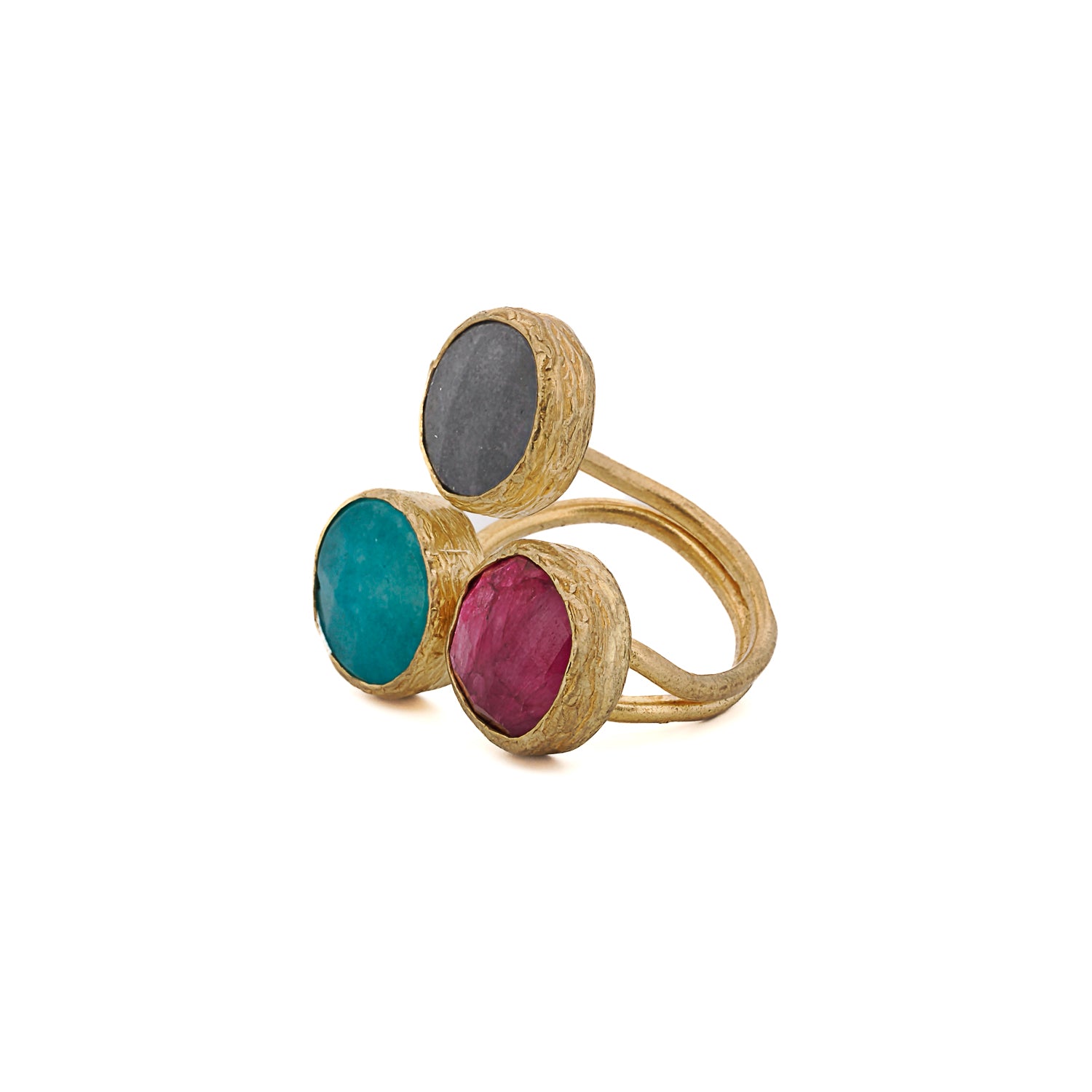Handmade adjustable ring with triple pink, purple, and green agate stones