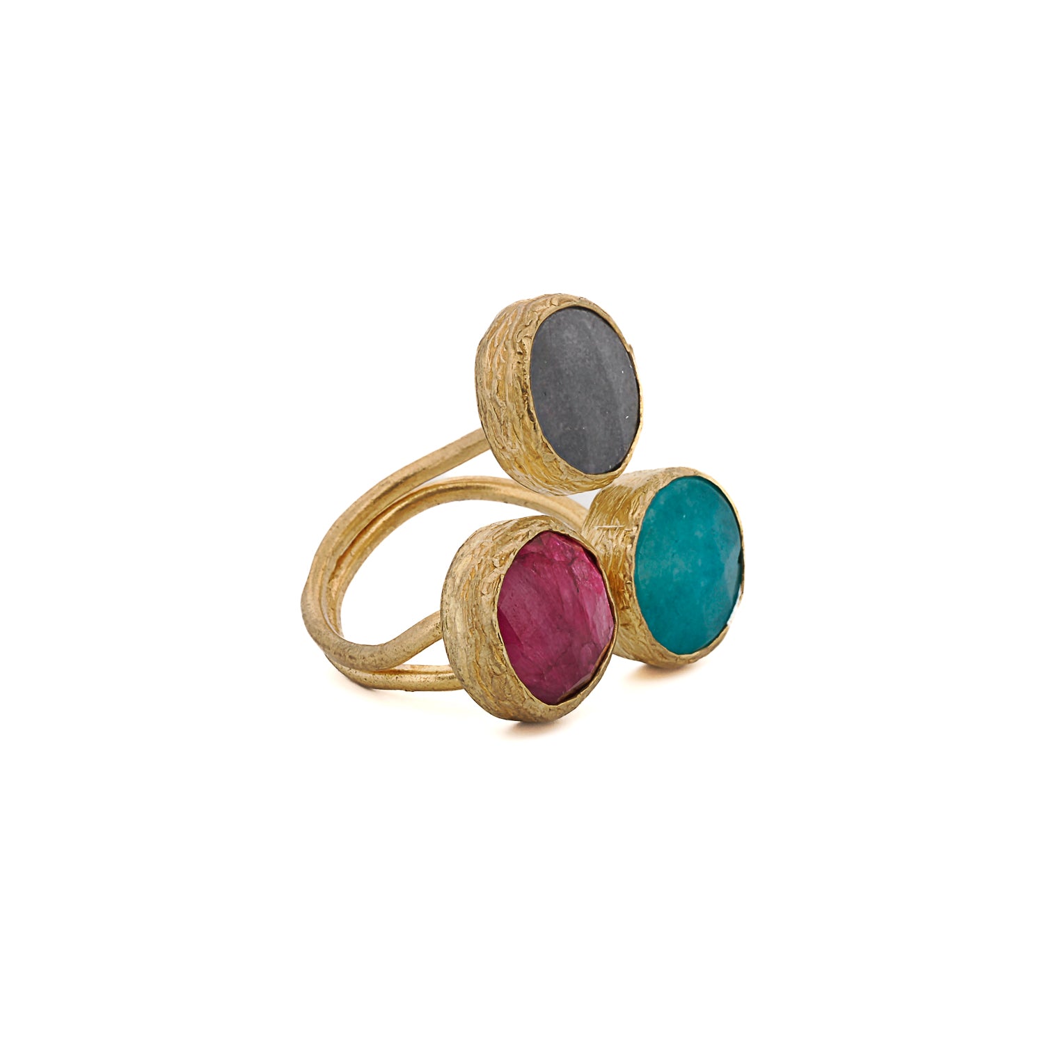 Adjustable Artemis ring with pink, purple, and green agate stones