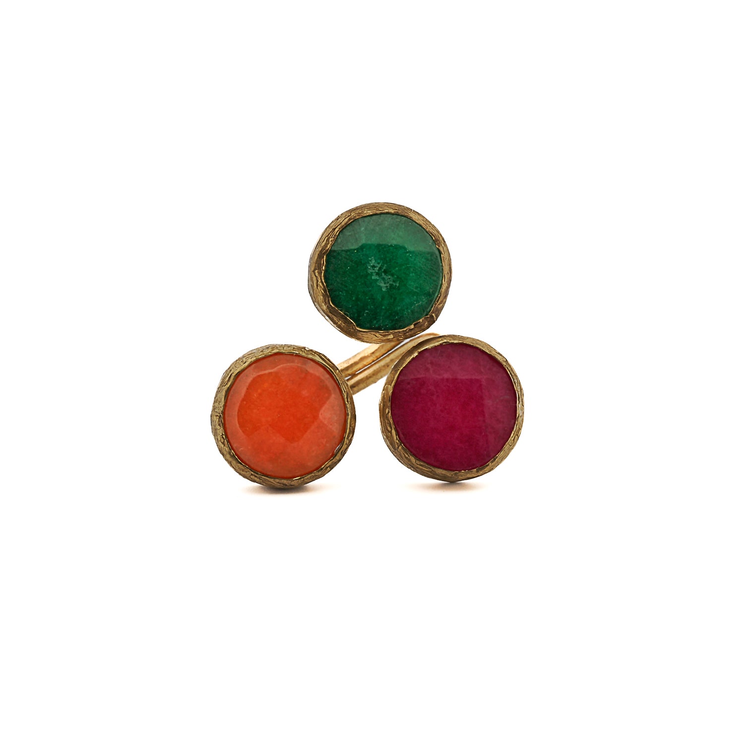 24K gold-plated ring featuring triple gemstones: Jade, Carnelian, and Pink Agate