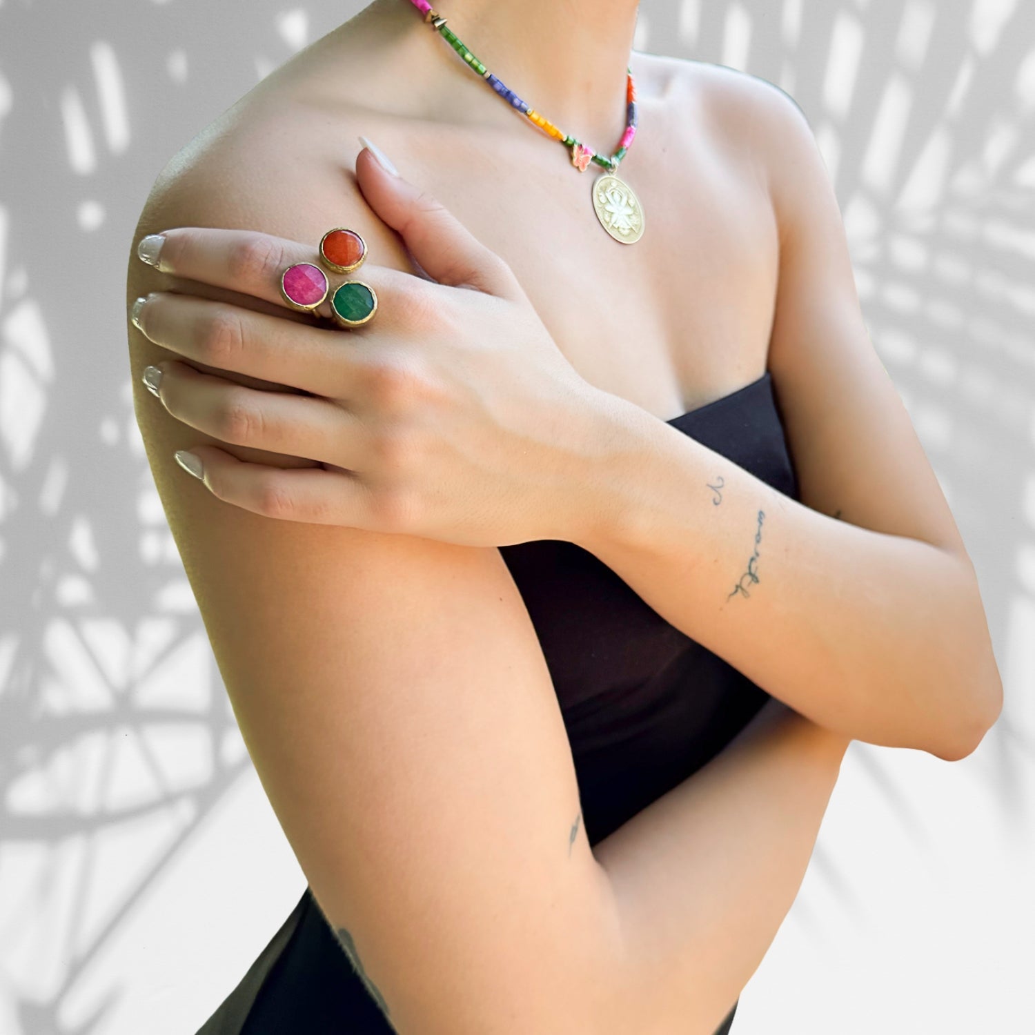 Stunning Triple Gemstone Ring with 24K gold, Jade, Carnelian, and Pink Agate
