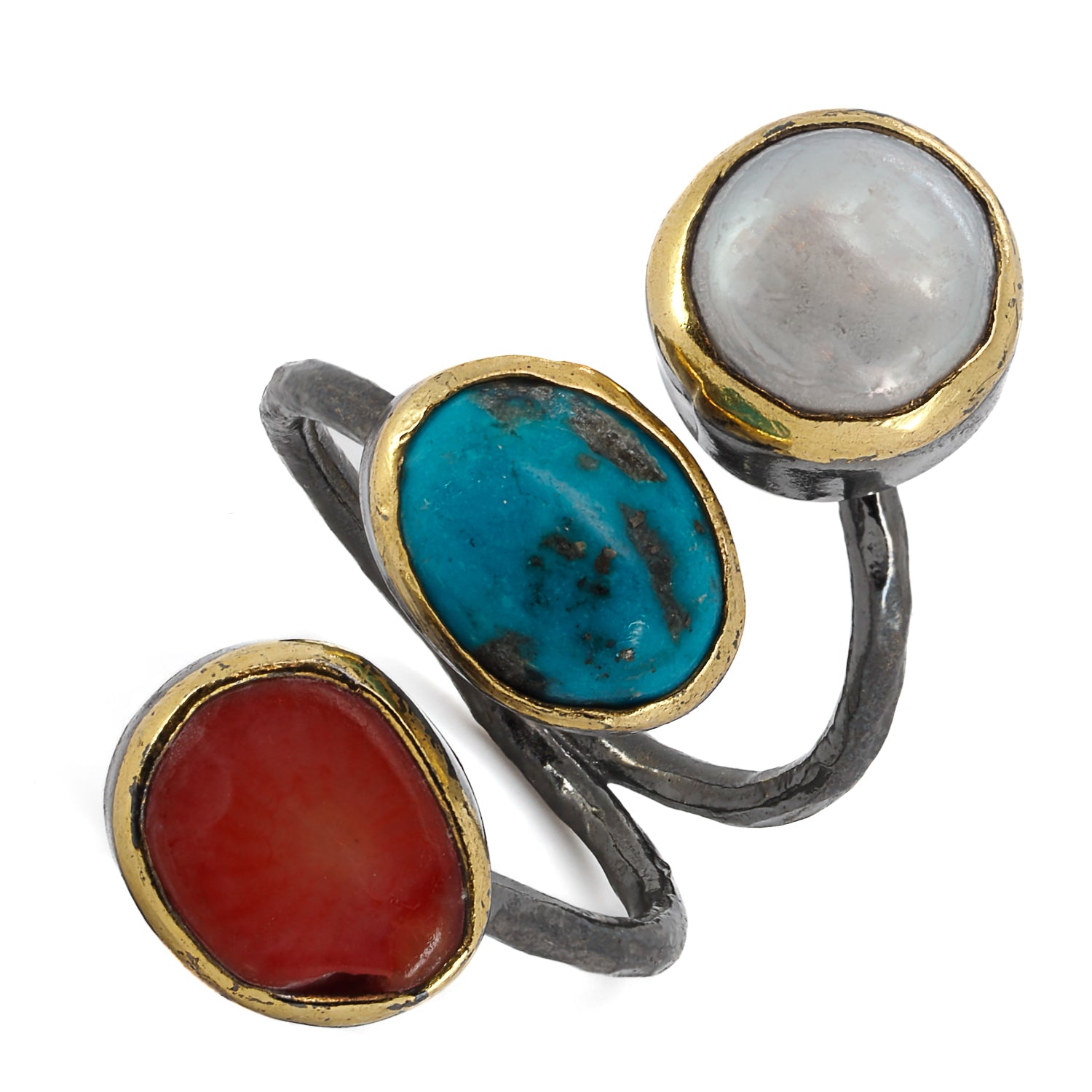 Admire the beauty of the Coral, Turquoise, and Pearl gemstones in the ring.