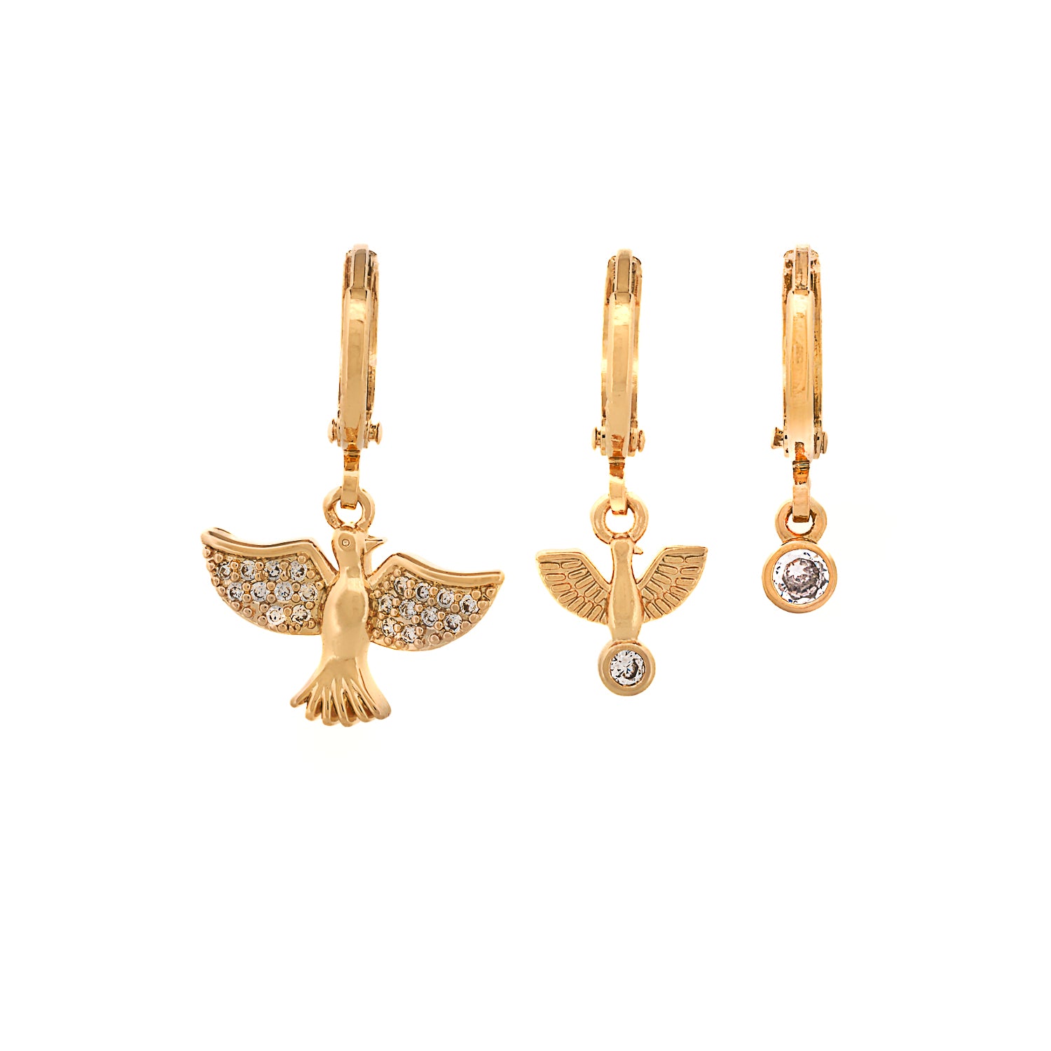 Elegant trio of gold earrings with spiritual bird motifs, crafted from brass and plated with 18K gold