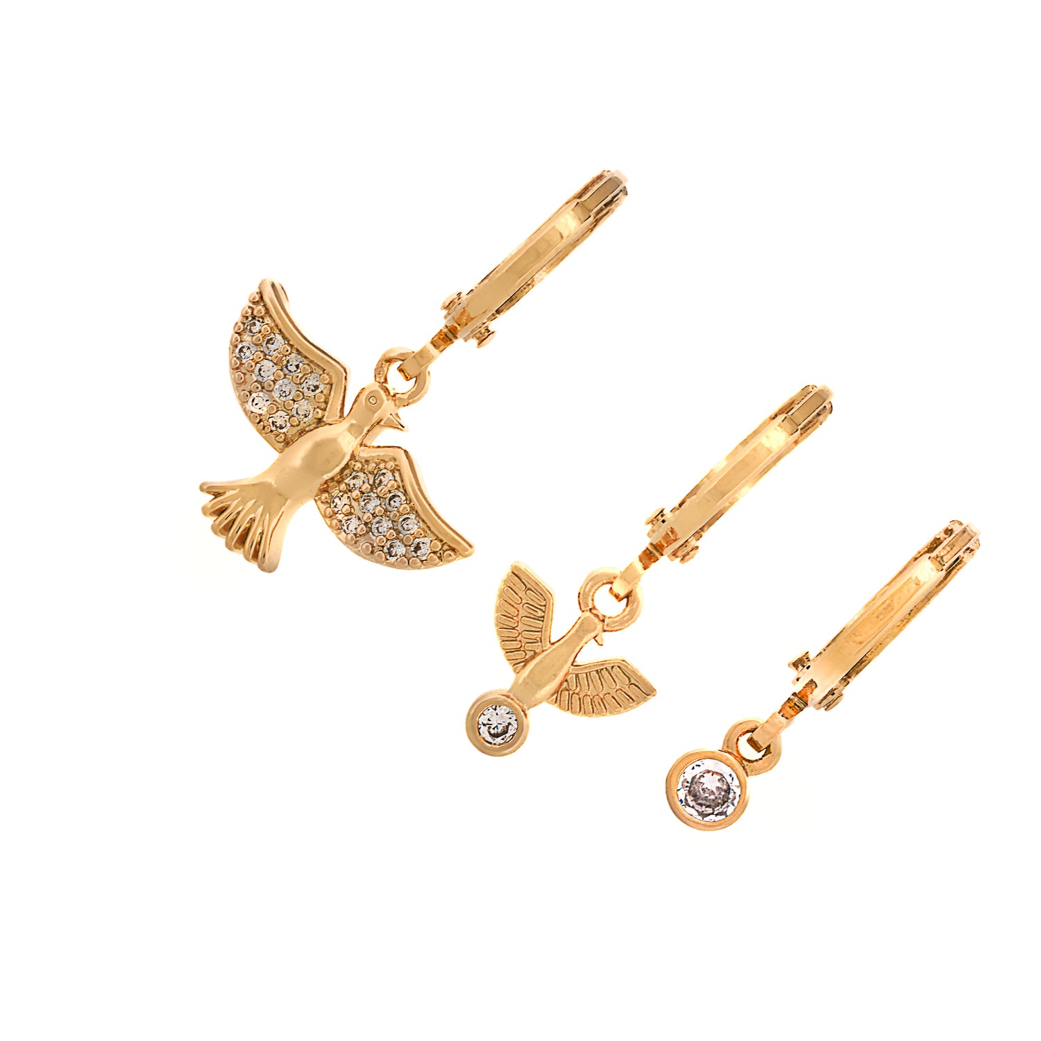 Gold earring set with trio of bird motifs, each piece handcrafted and embellished with cubic zirconia