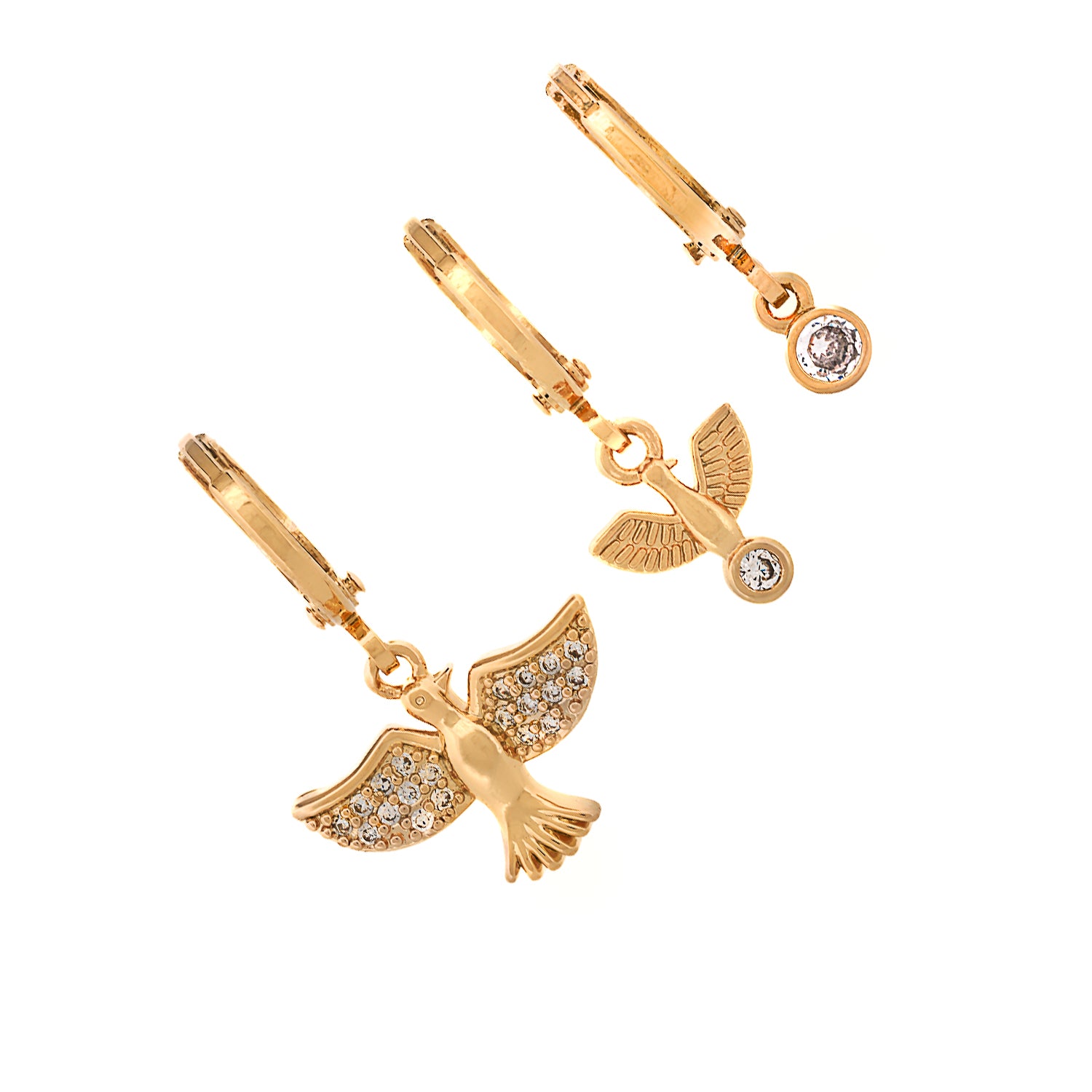 Gold earring set with trio of bird motifs, each piece handcrafted and embellished with cubic zirconia