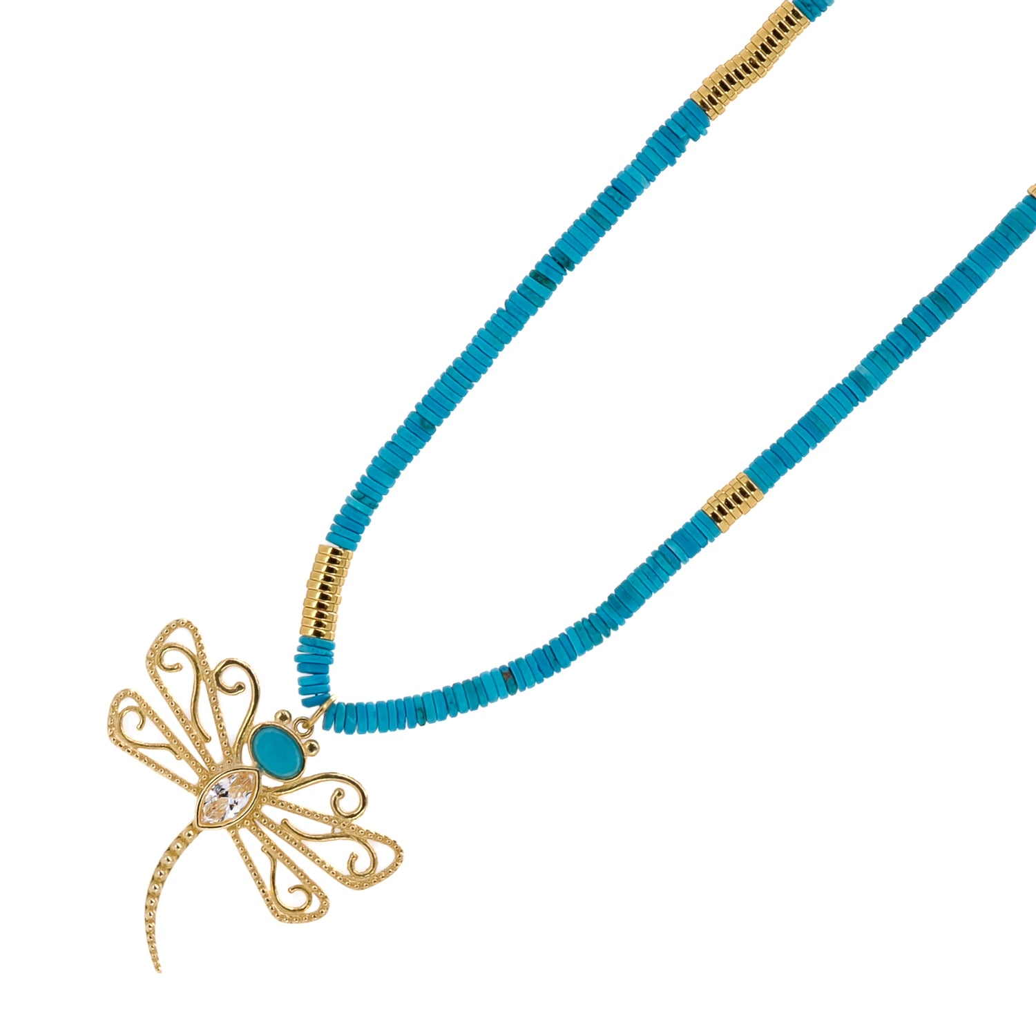 Gold Plated Dragonfly Pendant on Turquoise Beaded Necklace