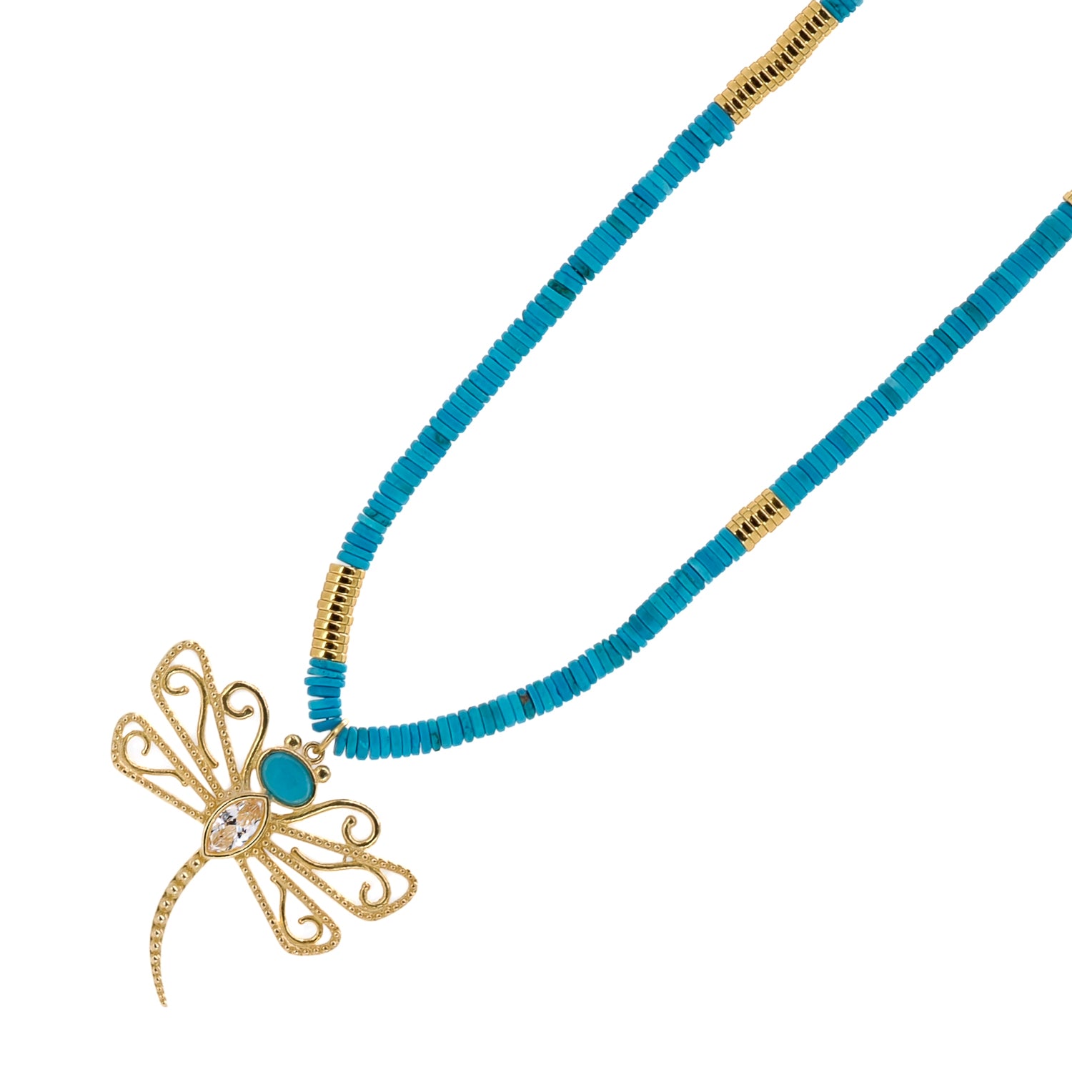 Turquoise Beaded Gold Spiritual Dragonfly Pendant Necklace