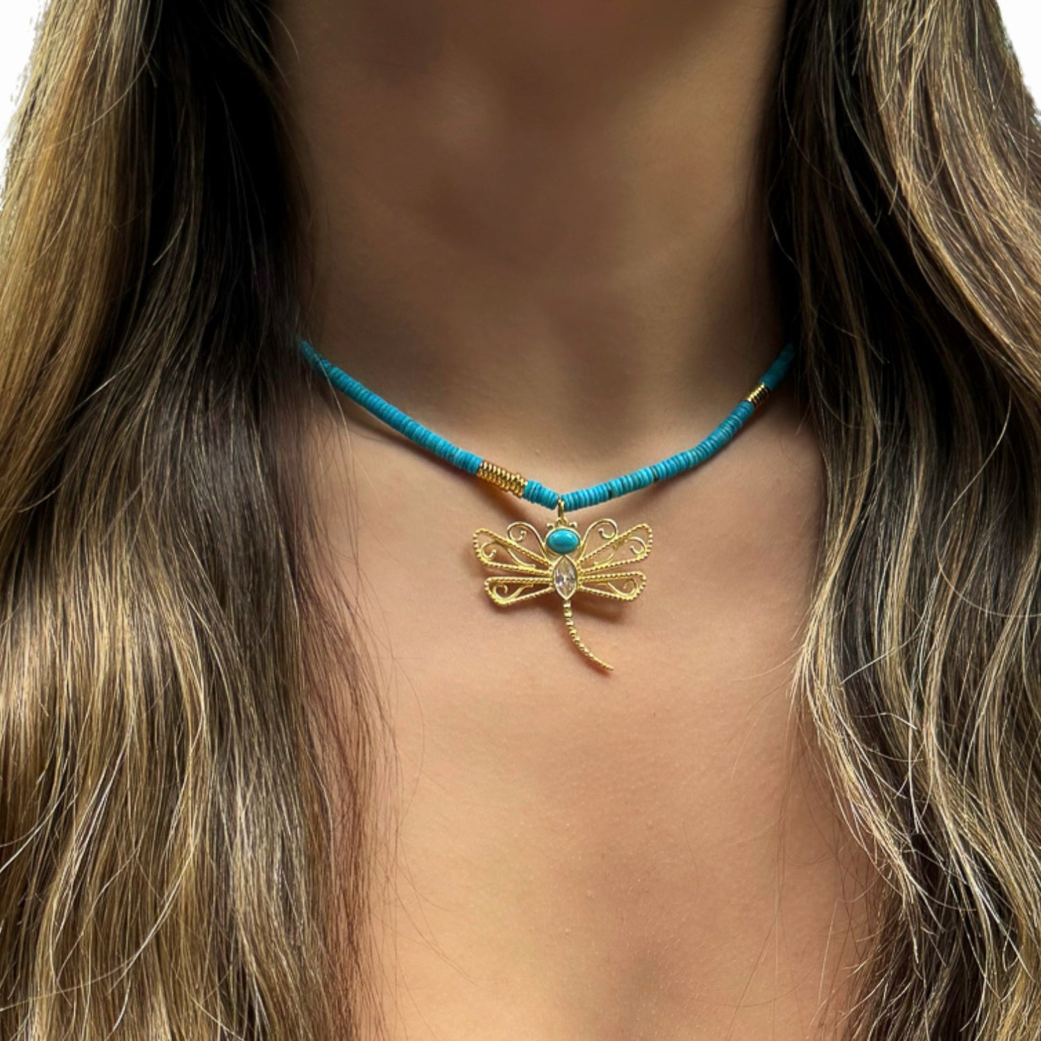 18K Gold Plated Dragonfly Pendant Necklace with Turquoise Beads