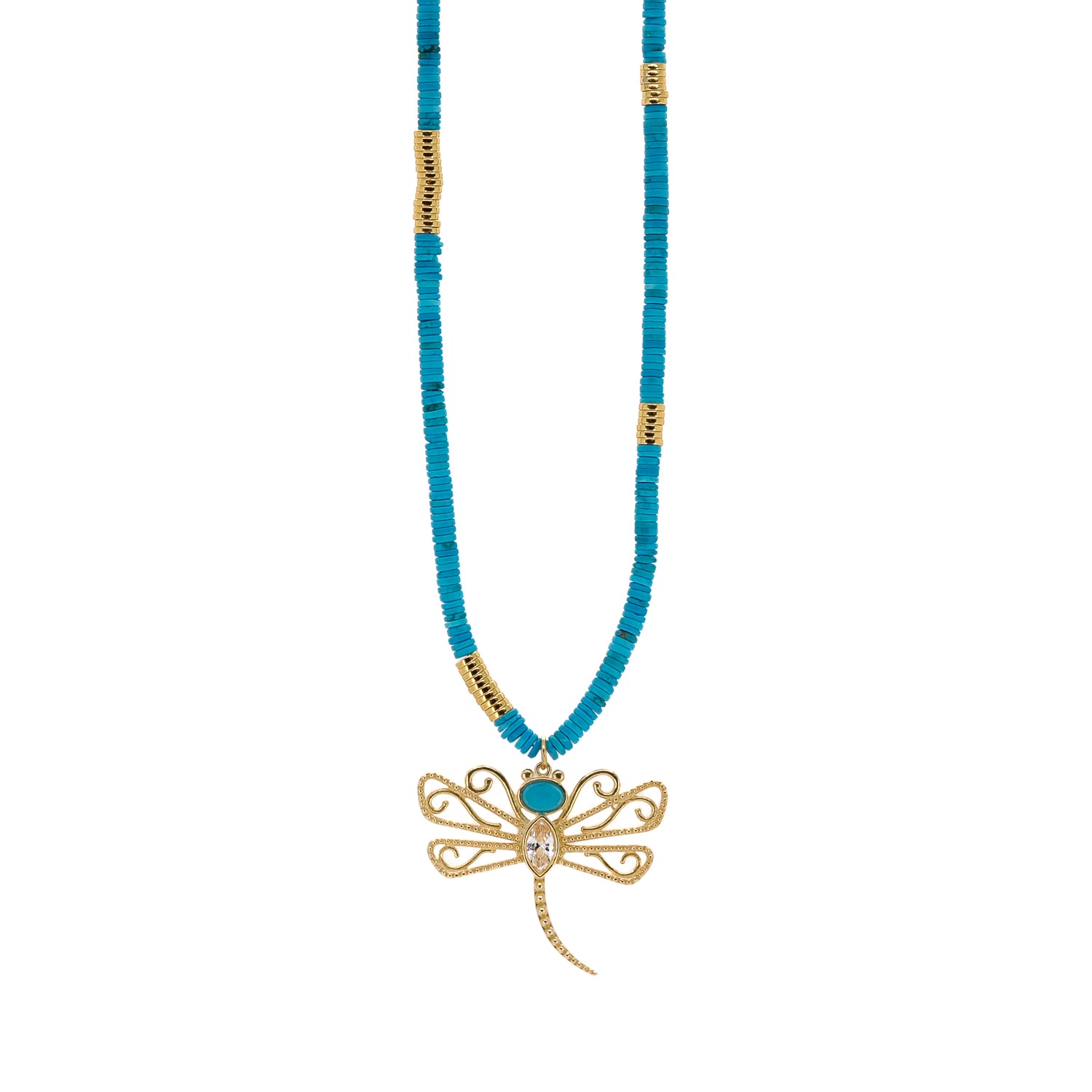 Turquoise Nugget Beads Necklace with Gold Dragonfly Pendant