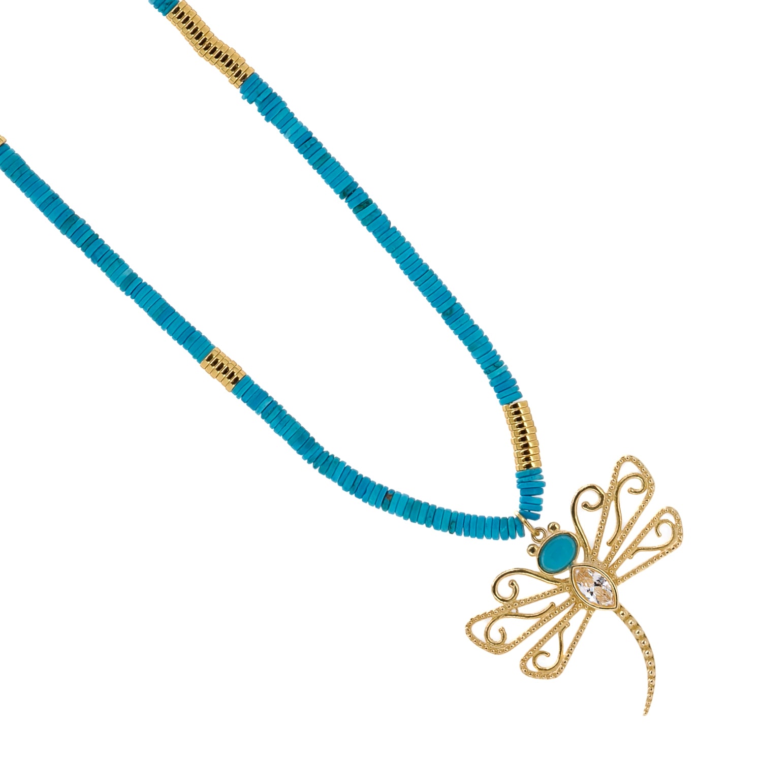 Handmade Turquoise Beaded Necklace with Dragonfly Pendant