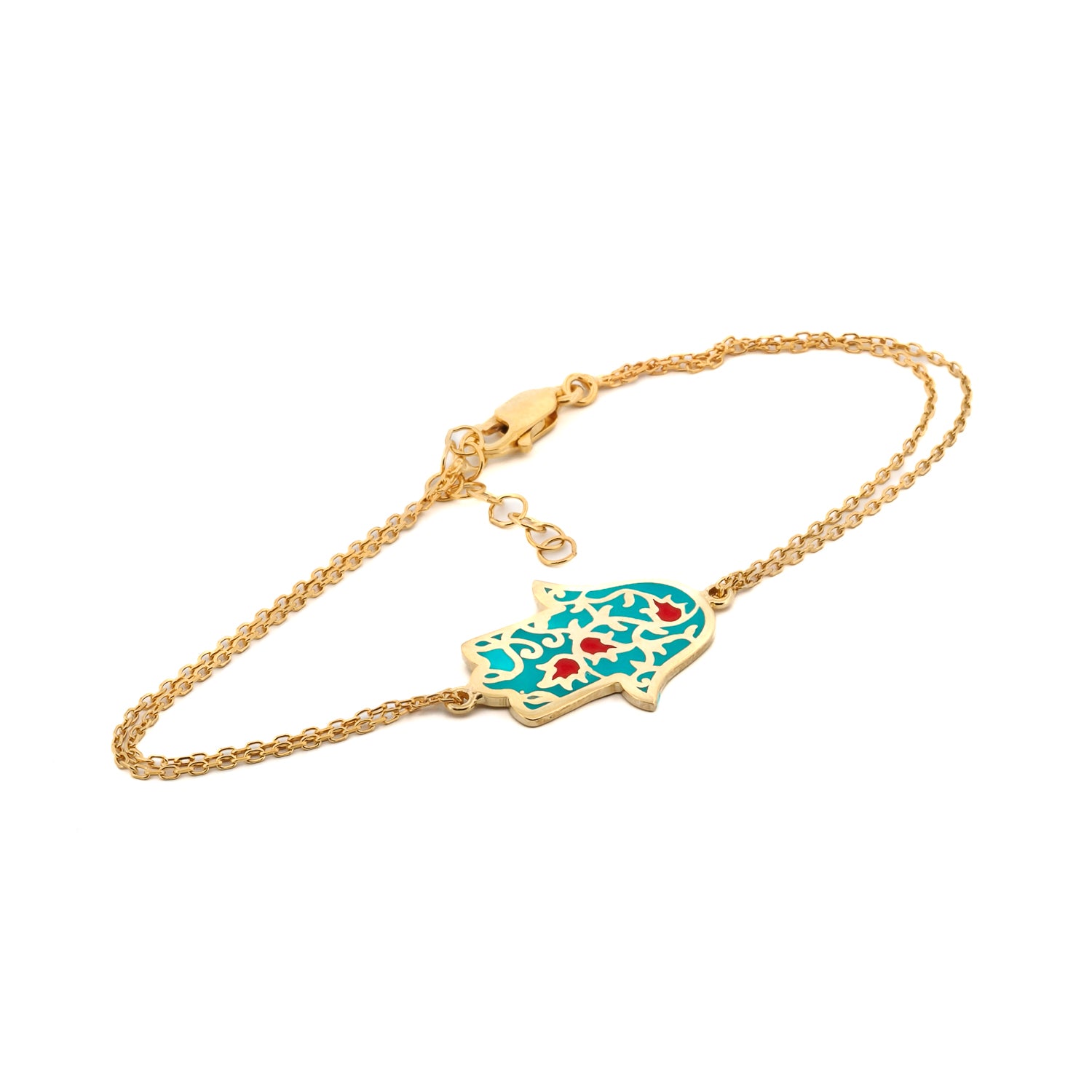 Sterling Silver Bracelet plated in 18K gold featuring Hamsa Hand Pendant.
