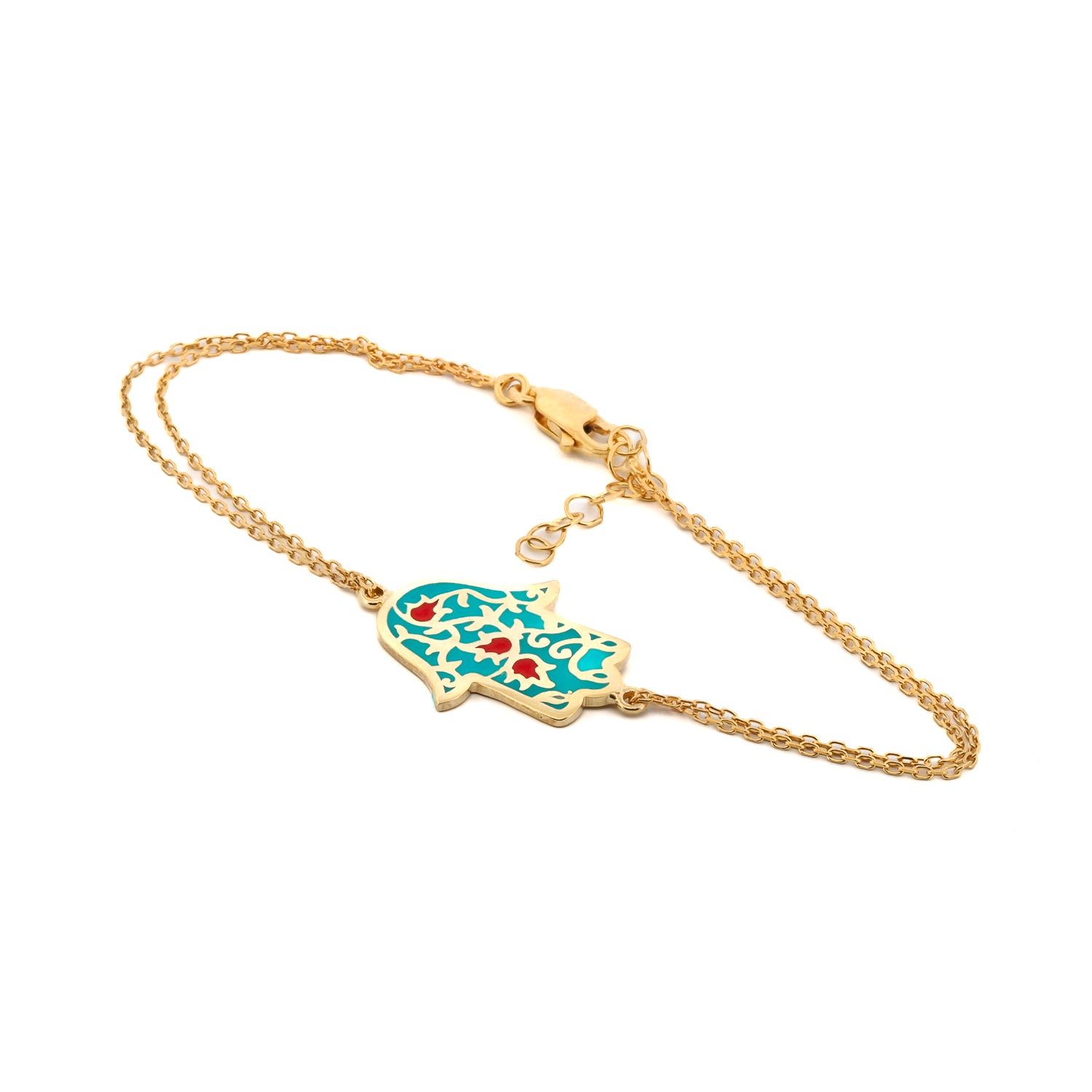 Hamsa Hand Jewelry with turquoise enamel and floral design.