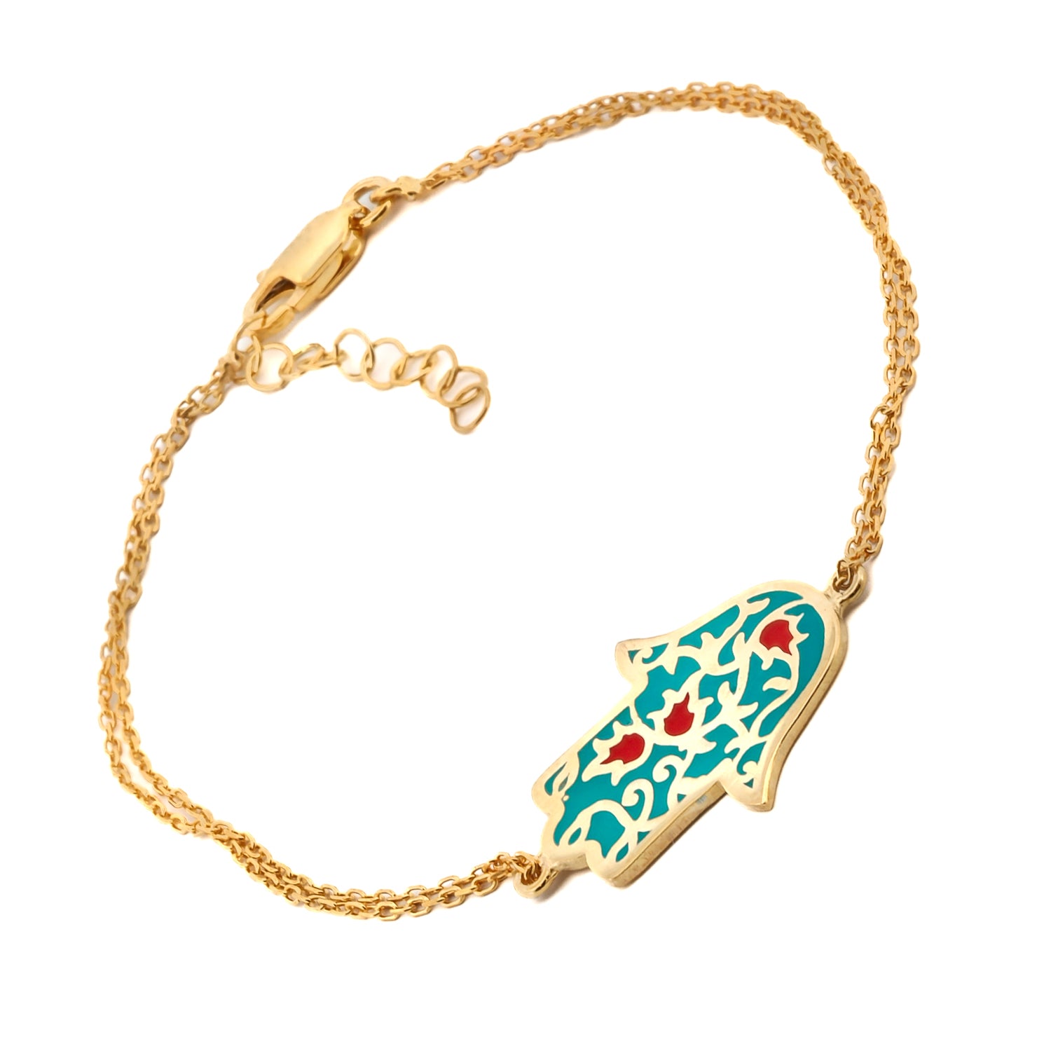 Floral Hamsa Hand Pendant Bracelet with gold vermeil chain.