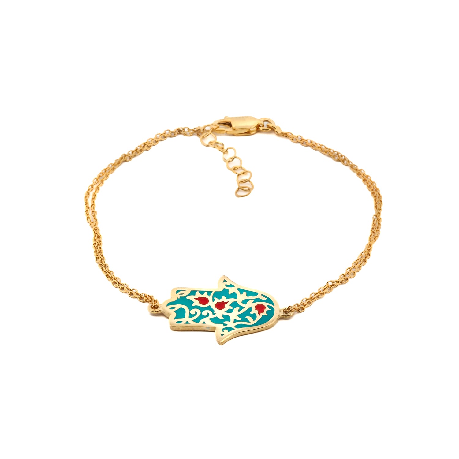 Turquoise Enamel Floral Hamsa Hand Gold Vermeil Chain Bracelet with 18K gold plated sterling silver.