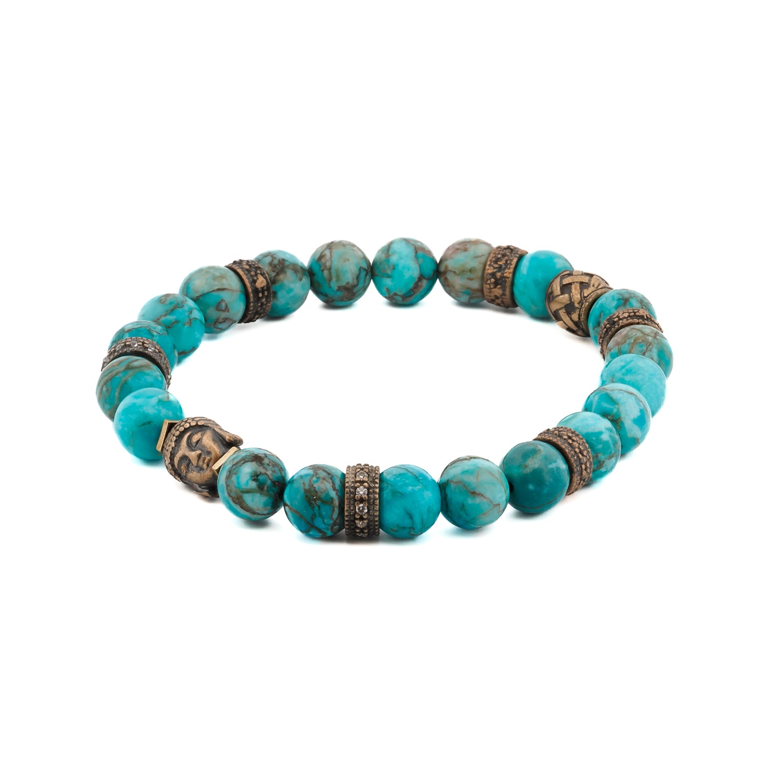 Elegant Turquoise Stone Bracelet with Bronze Buddha Bead and Zircon Accents