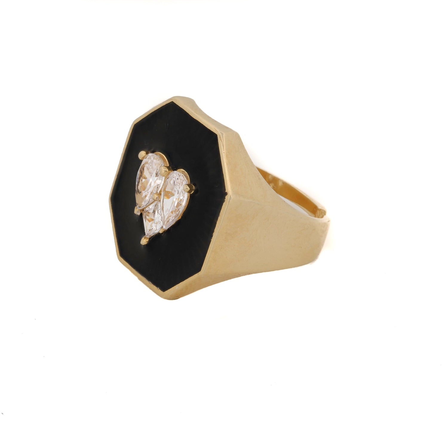 Elegant Sentiment: Black Enamel Diamond Gold Ring for Valentine's