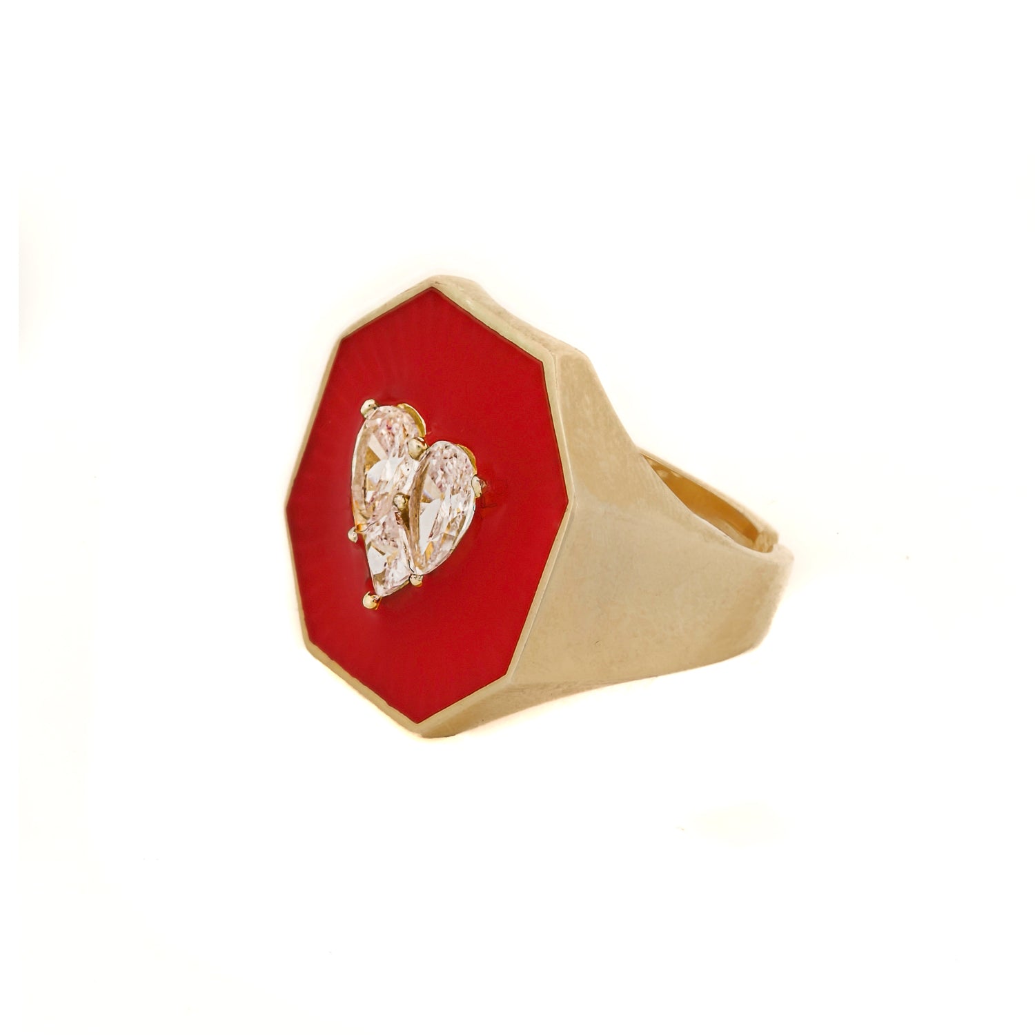 Enchanting Grace: Red Enamel Heart Gold Ring with Diamond