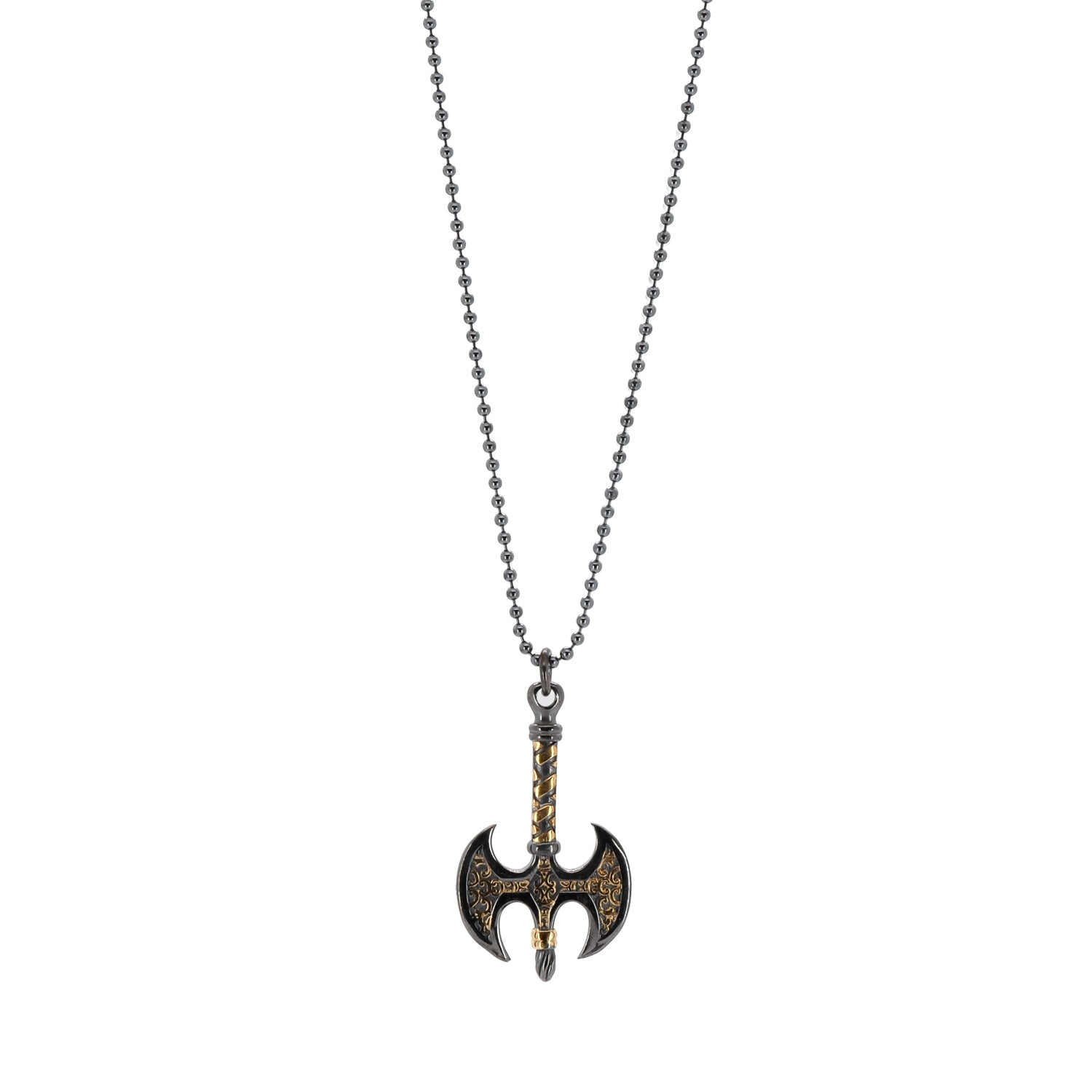 Bold pendant necklace featuring a handcrafted Viking axe in silver and gold tones.